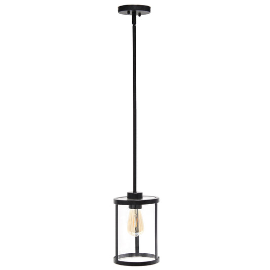 All The Rages Lalia Home 9" Black Farmhouse Adjustable Hanging Cylindrical Clear Glass Pendant With Metal Accents