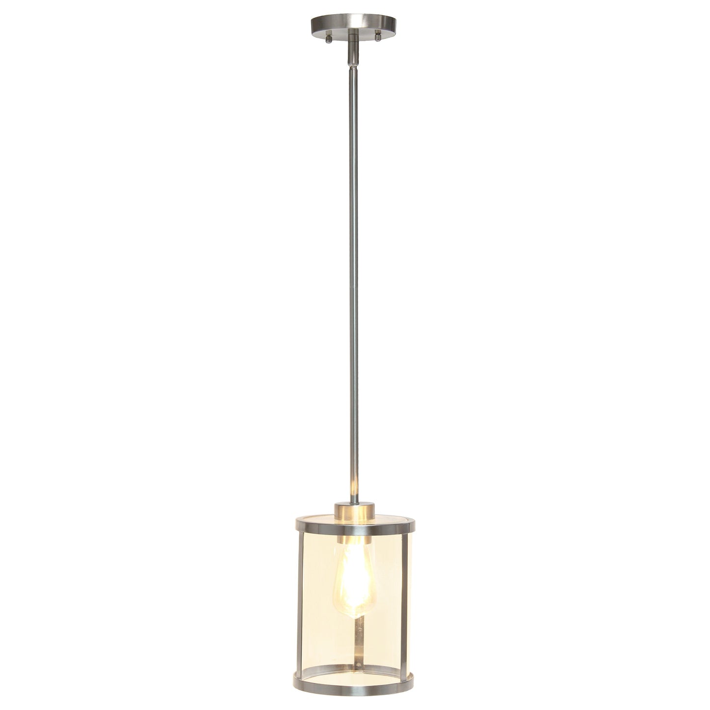 All The Rages Lalia Home 9" Brushed Nickel Farmhouse Adjustable Hanging Cylindrical Clear Glass Pendant With Metal Accents