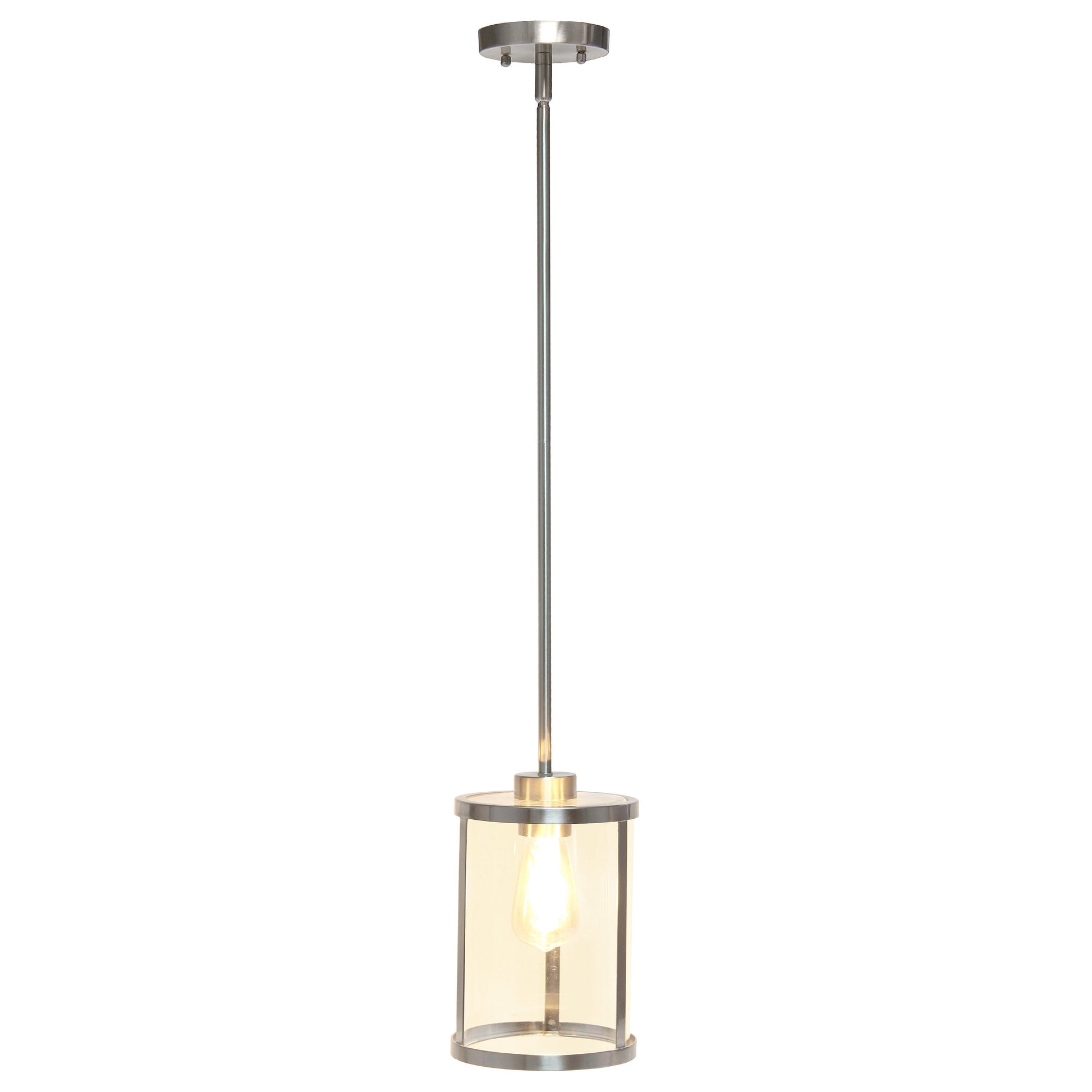 All The Rages Lalia Home 9" Brushed Nickel Farmhouse Adjustable Hanging Cylindrical Clear Glass Pendant With Metal Accents