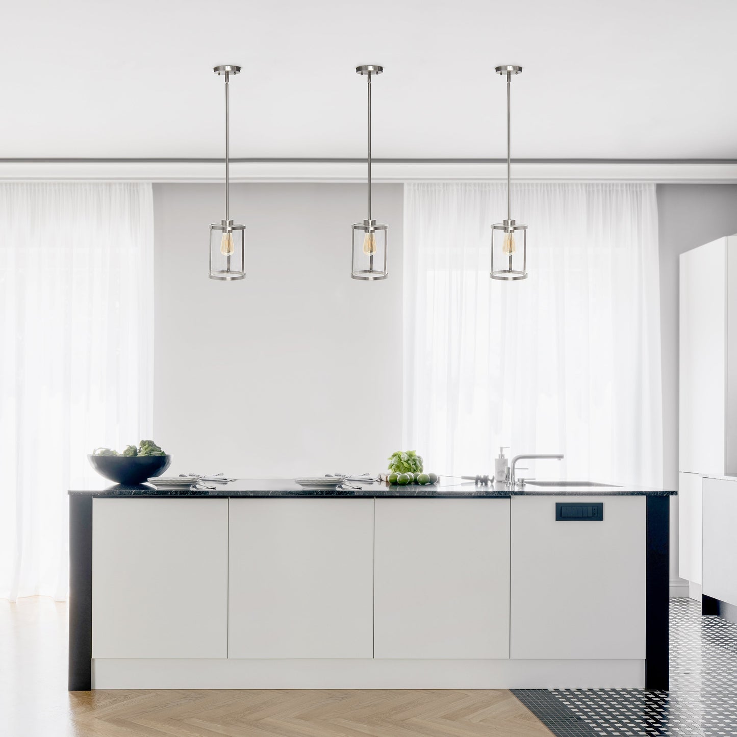All The Rages Lalia Home 9" Brushed Nickel Farmhouse Adjustable Hanging Cylindrical Clear Glass Pendant With Metal Accents