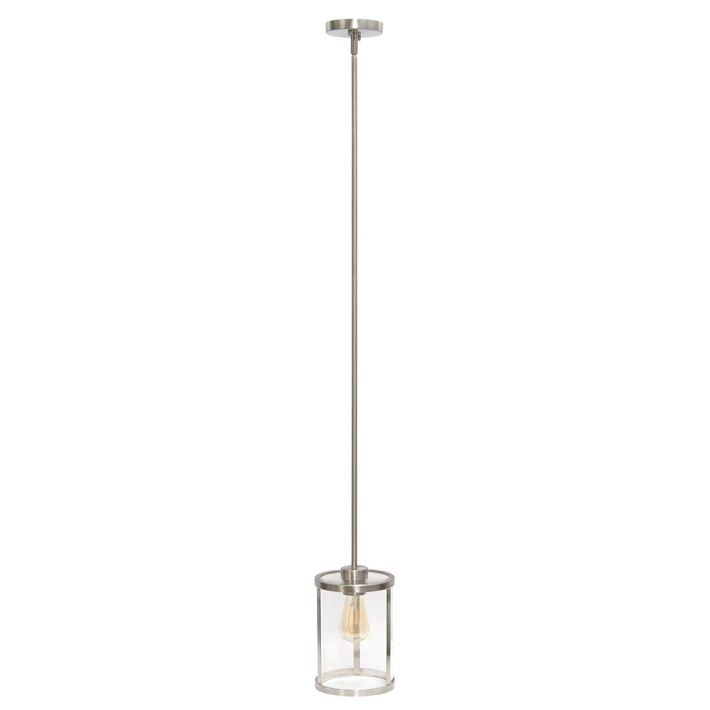 All The Rages Lalia Home 9" Brushed Nickel Farmhouse Adjustable Hanging Cylindrical Clear Glass Pendant With Metal Accents