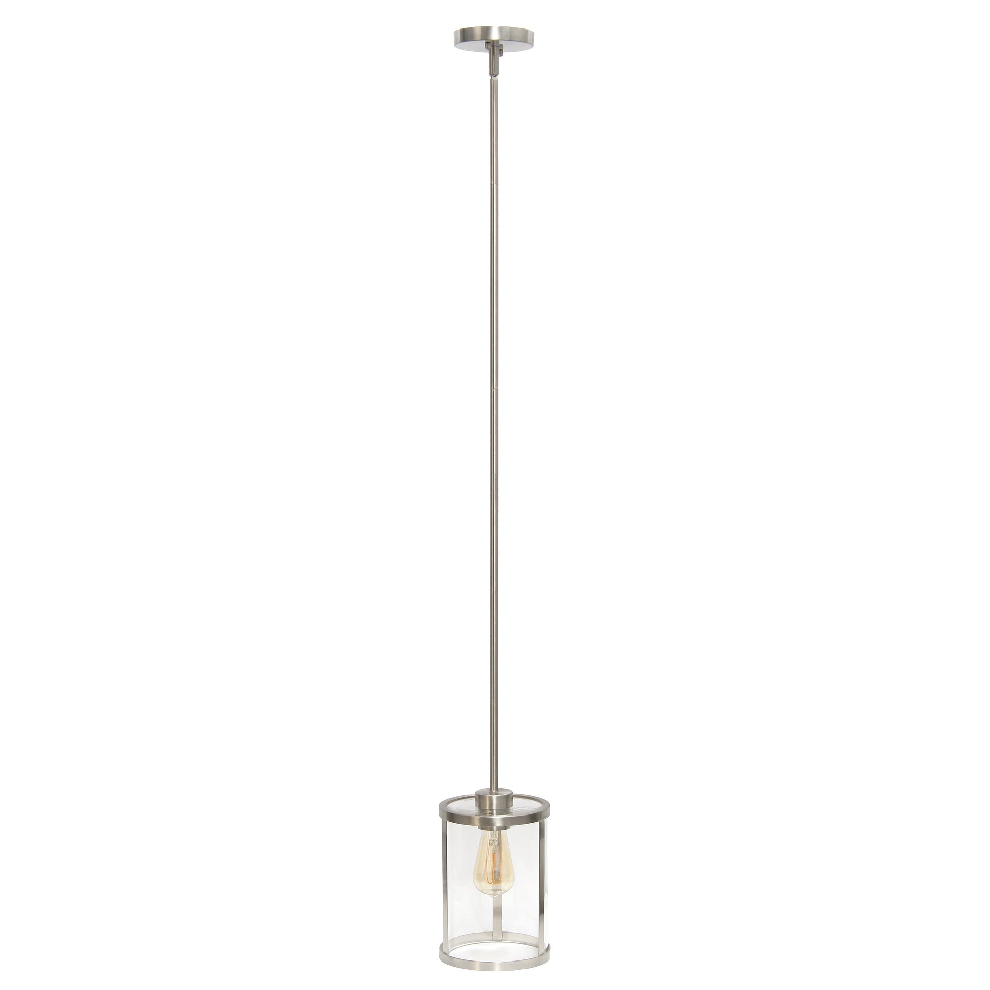 All The Rages Lalia Home 9" Brushed Nickel Farmhouse Adjustable Hanging Cylindrical Clear Glass Pendant With Metal Accents