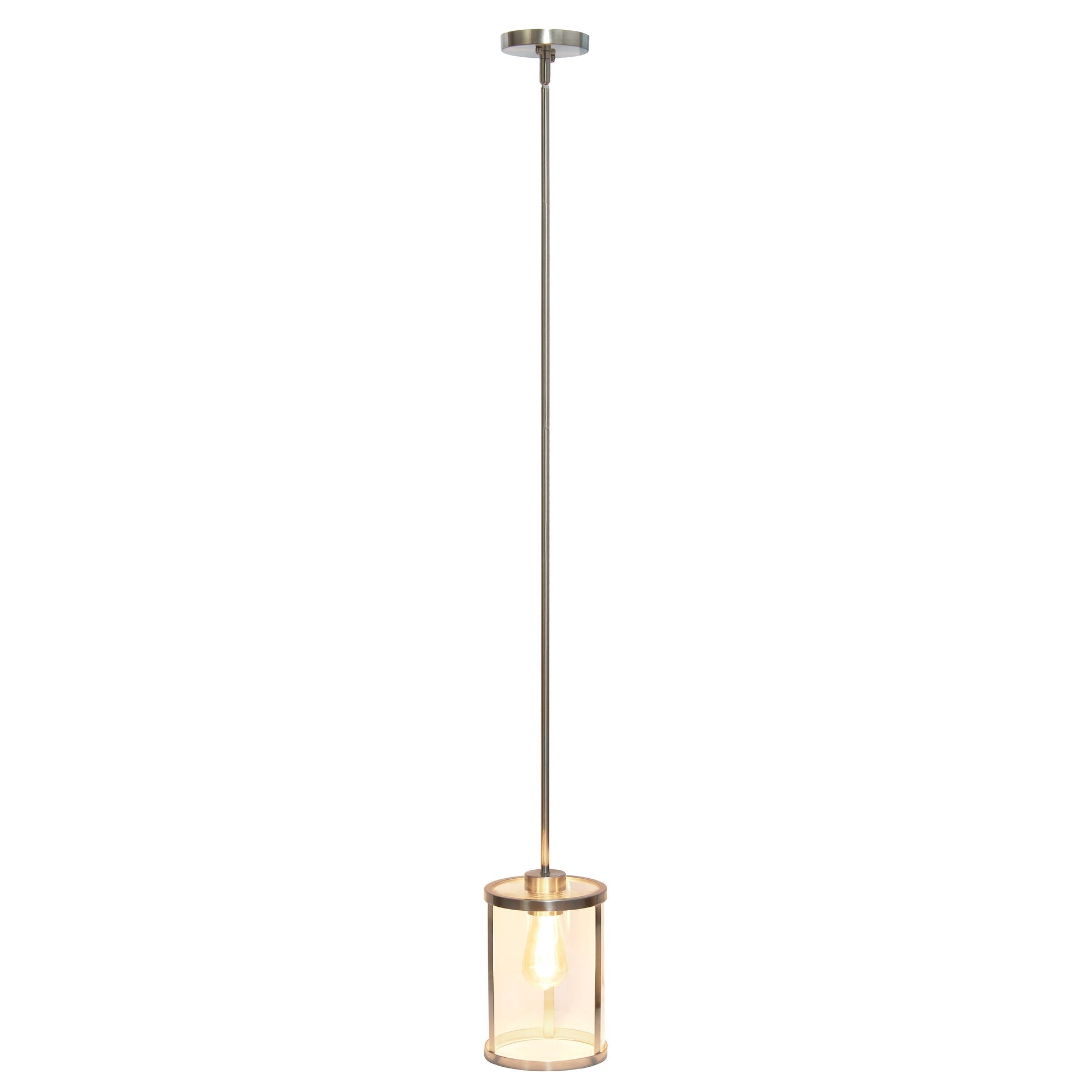All The Rages Lalia Home 9" Brushed Nickel Farmhouse Adjustable Hanging Cylindrical Clear Glass Pendant With Metal Accents