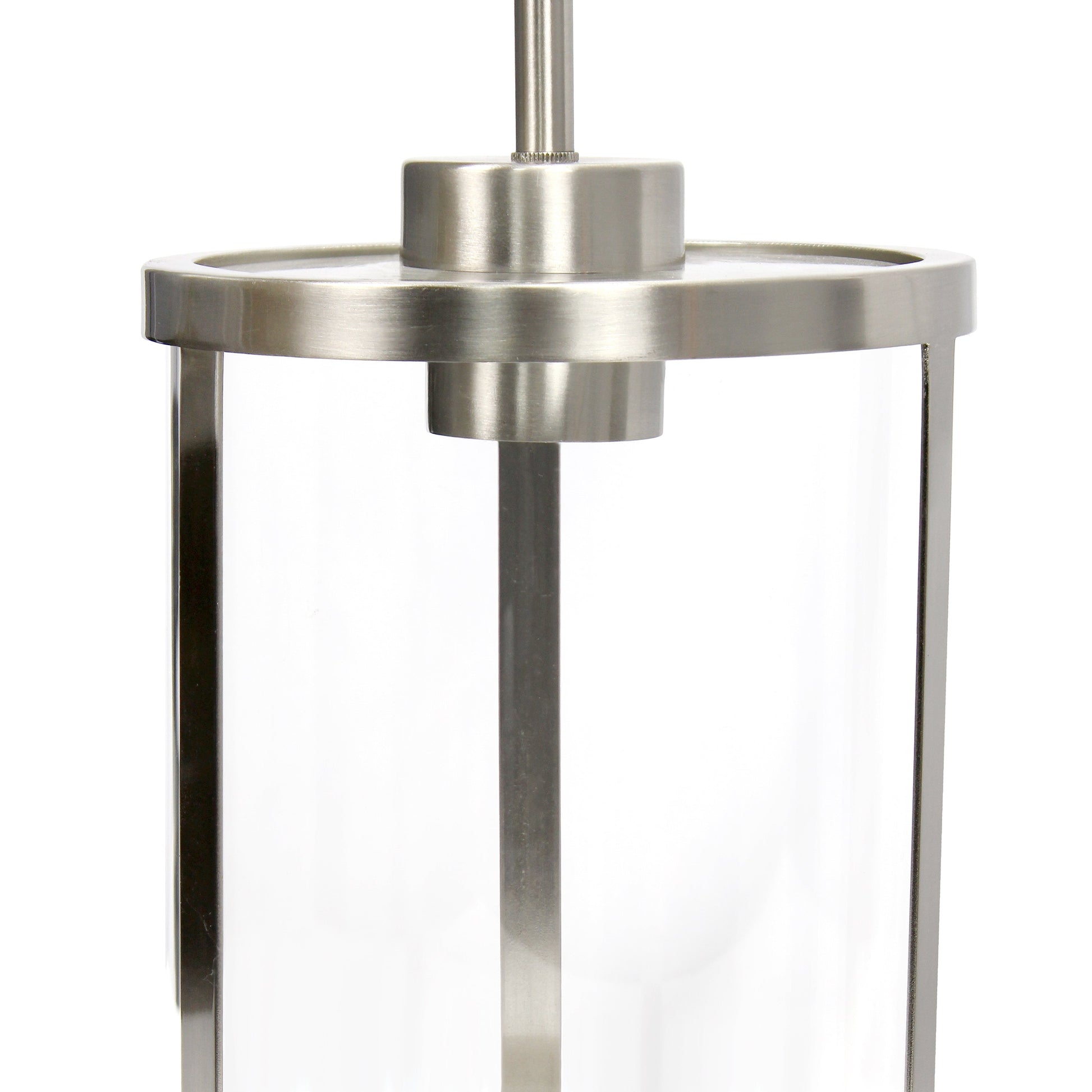 All The Rages Lalia Home 9" Brushed Nickel Farmhouse Adjustable Hanging Cylindrical Clear Glass Pendant With Metal Accents