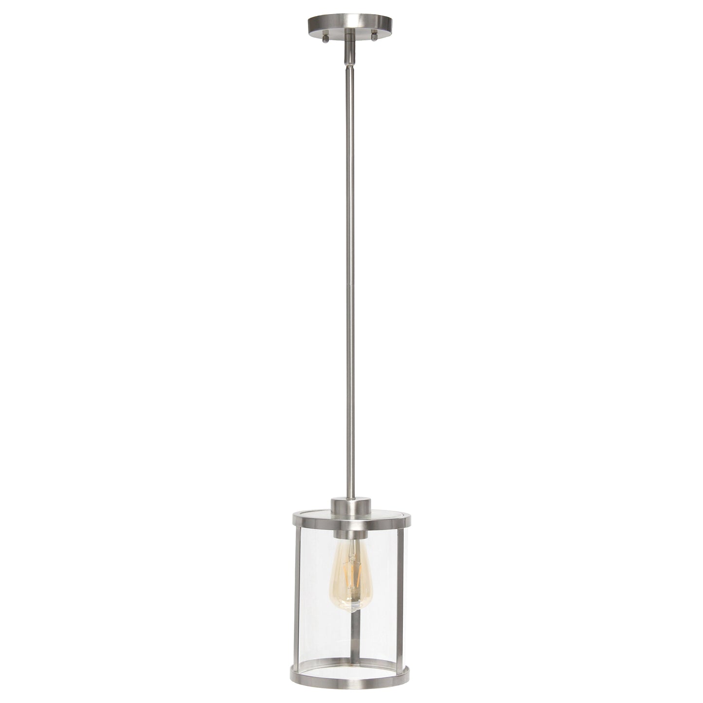 All The Rages Lalia Home 9" Brushed Nickel Farmhouse Adjustable Hanging Cylindrical Clear Glass Pendant With Metal Accents