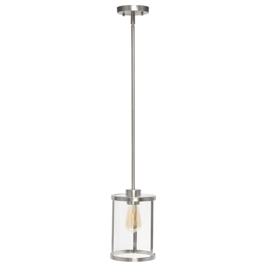 All The Rages Lalia Home 9" Brushed Nickel Farmhouse Adjustable Hanging Cylindrical Clear Glass Pendant With Metal Accents