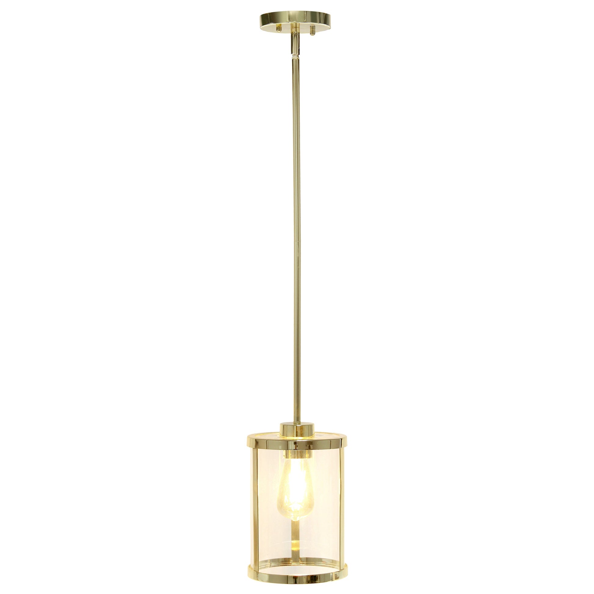 All The Rages Lalia Home 9" Gold Farmhouse Adjustable Hanging Cylindrical Clear Glass Pendant With Metal Accents