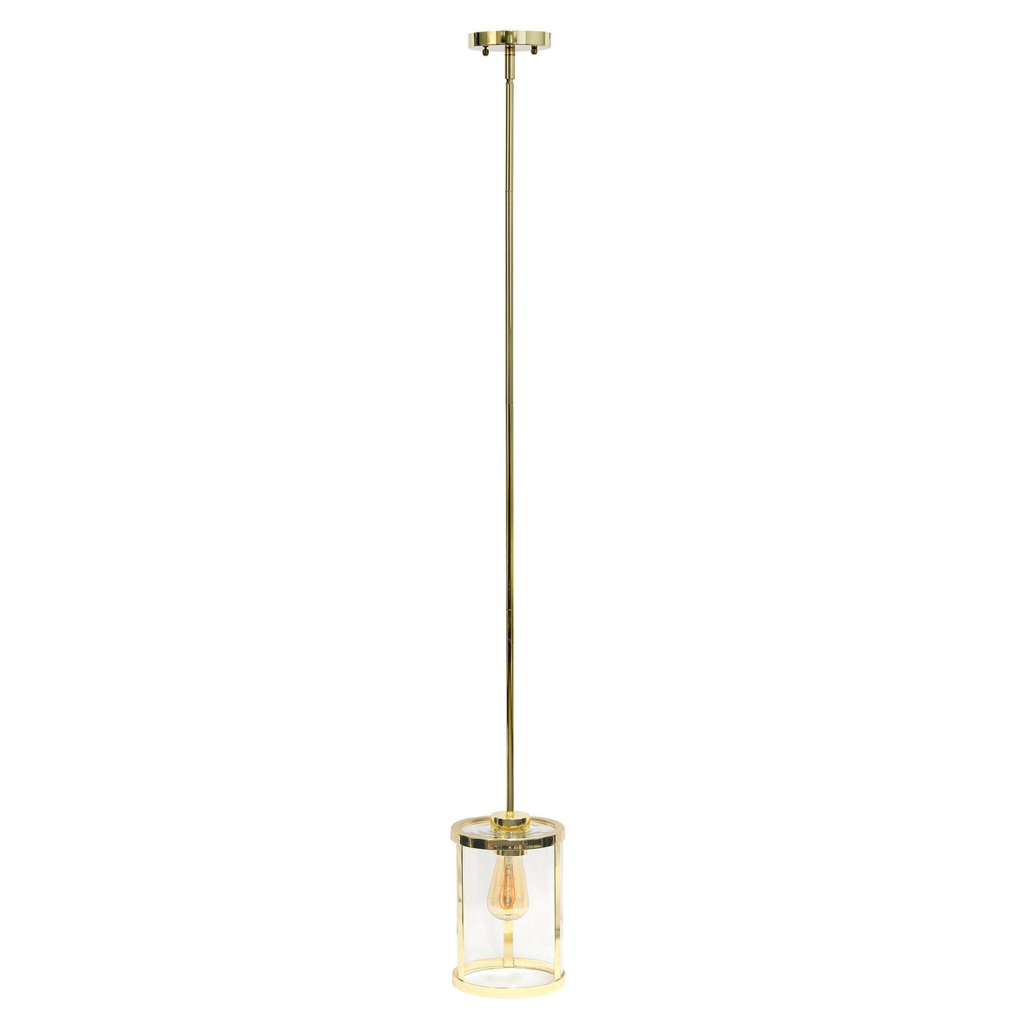 All The Rages Lalia Home 9" Gold Farmhouse Adjustable Hanging Cylindrical Clear Glass Pendant With Metal Accents