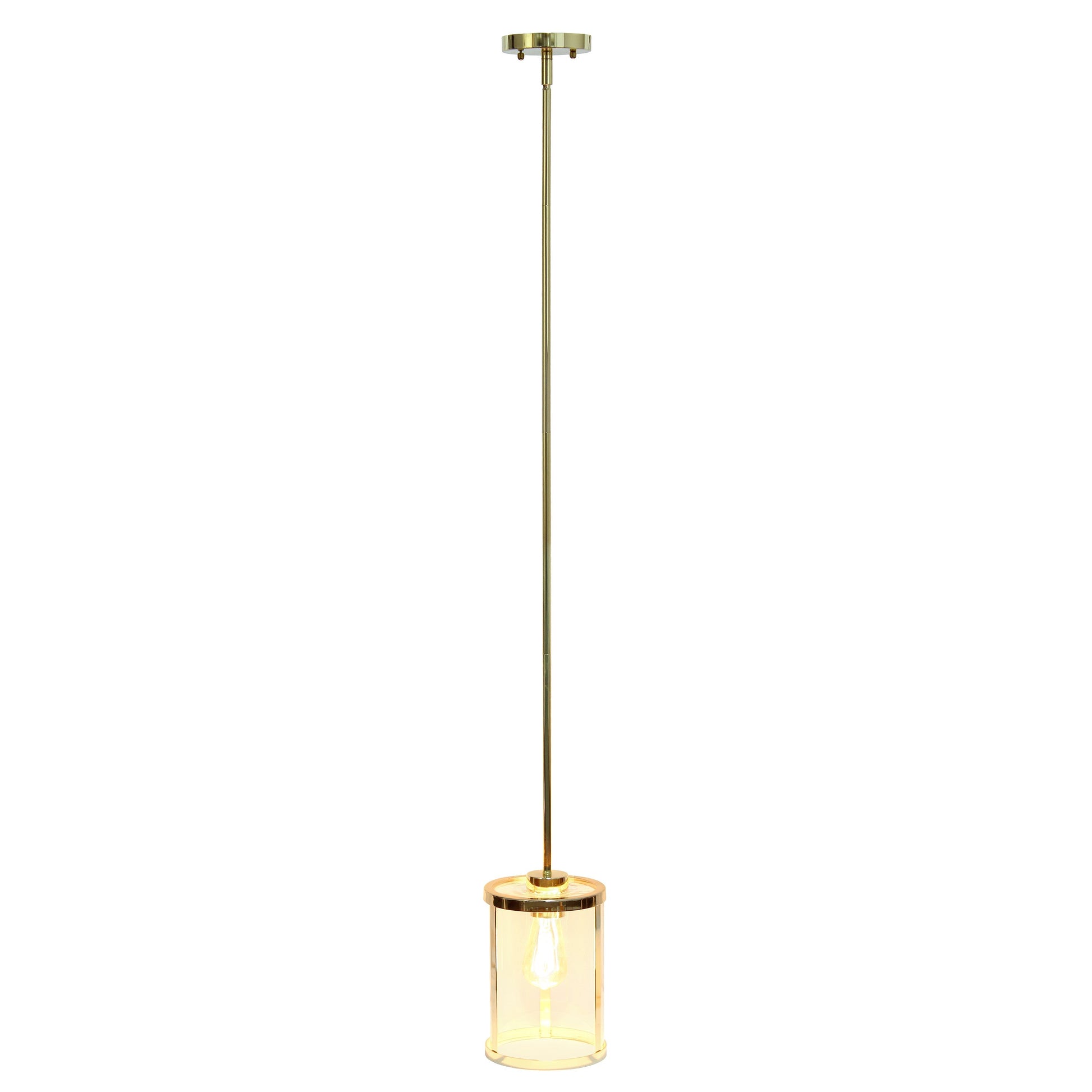All The Rages Lalia Home 9" Gold Farmhouse Adjustable Hanging Cylindrical Clear Glass Pendant With Metal Accents
