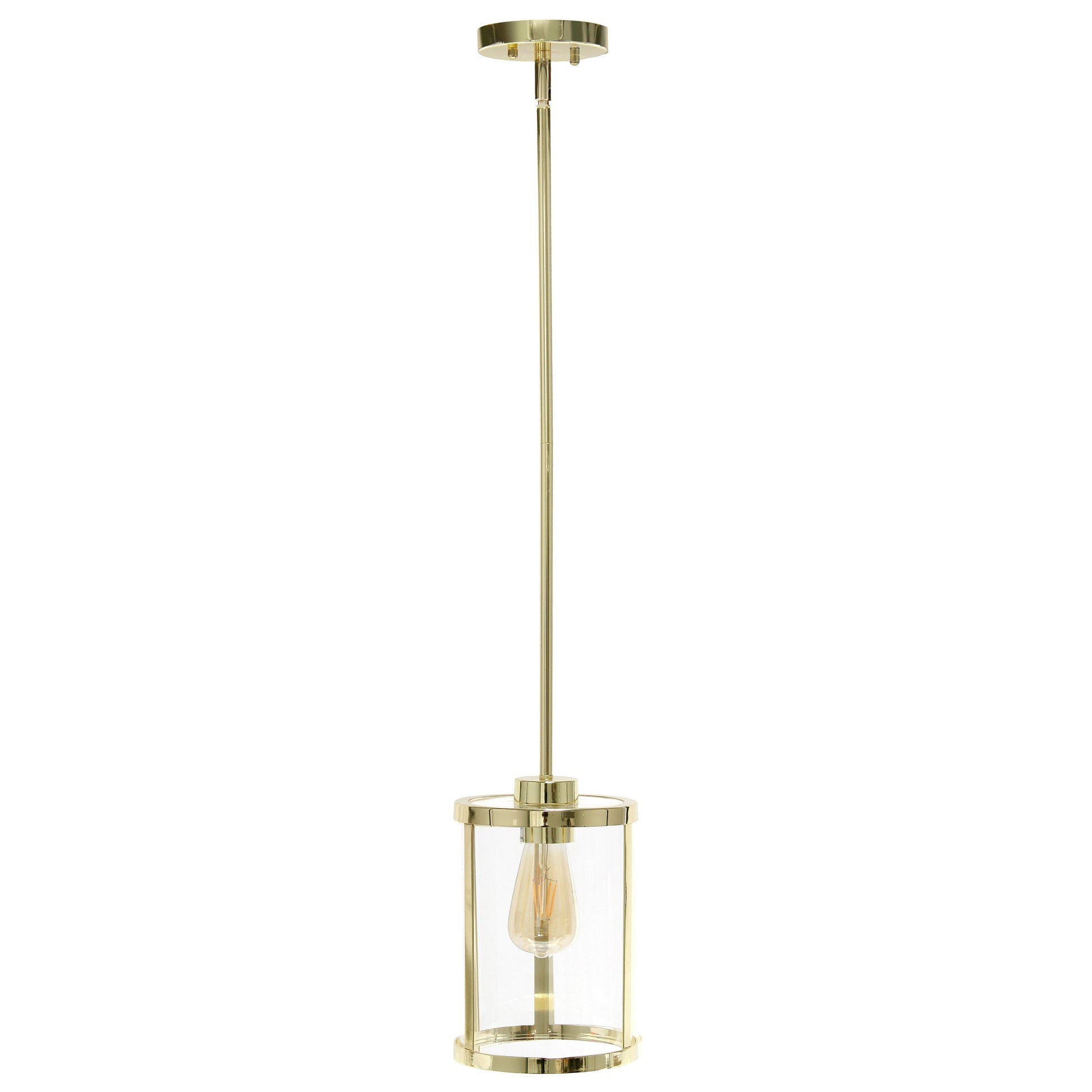 All The Rages Lalia Home 9" Gold Farmhouse Adjustable Hanging Cylindrical Clear Glass Pendant With Metal Accents