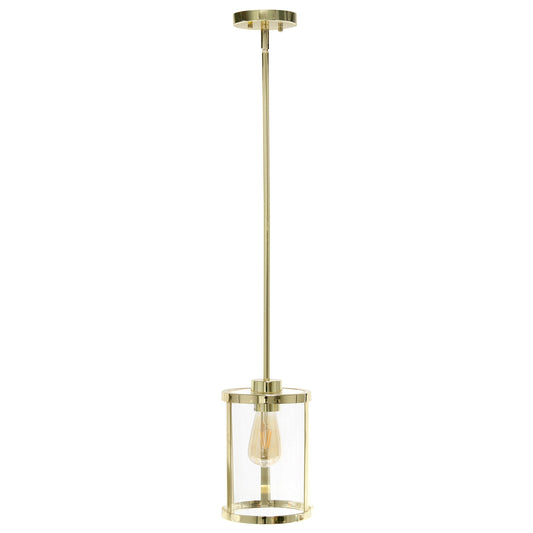 All The Rages Lalia Home 9" Gold Farmhouse Adjustable Hanging Cylindrical Clear Glass Pendant With Metal Accents