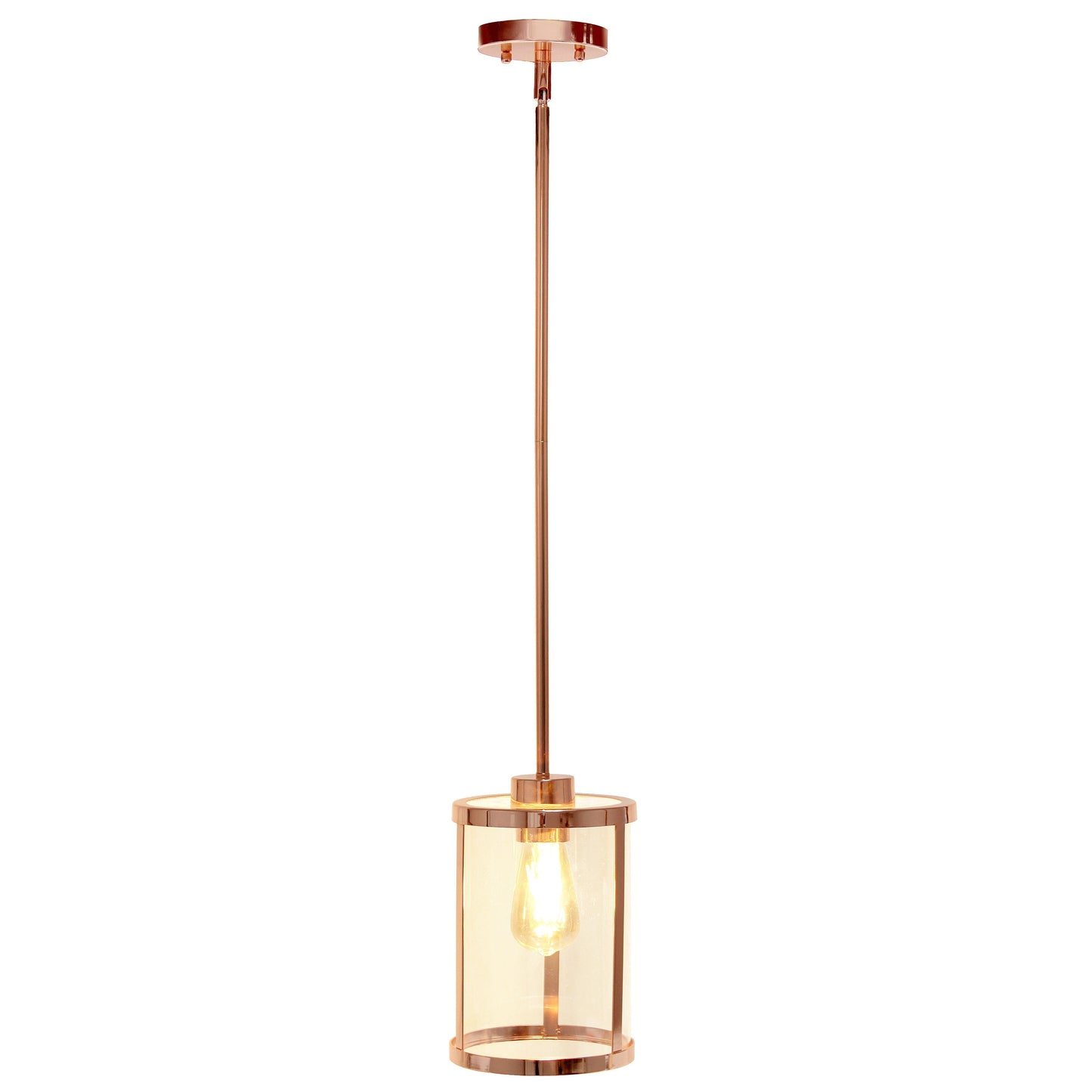 All The Rages Lalia Home 9" Rose Gold Farmhouse Adjustable Hanging Cylindrical Clear Glass Pendant With Metal Accents