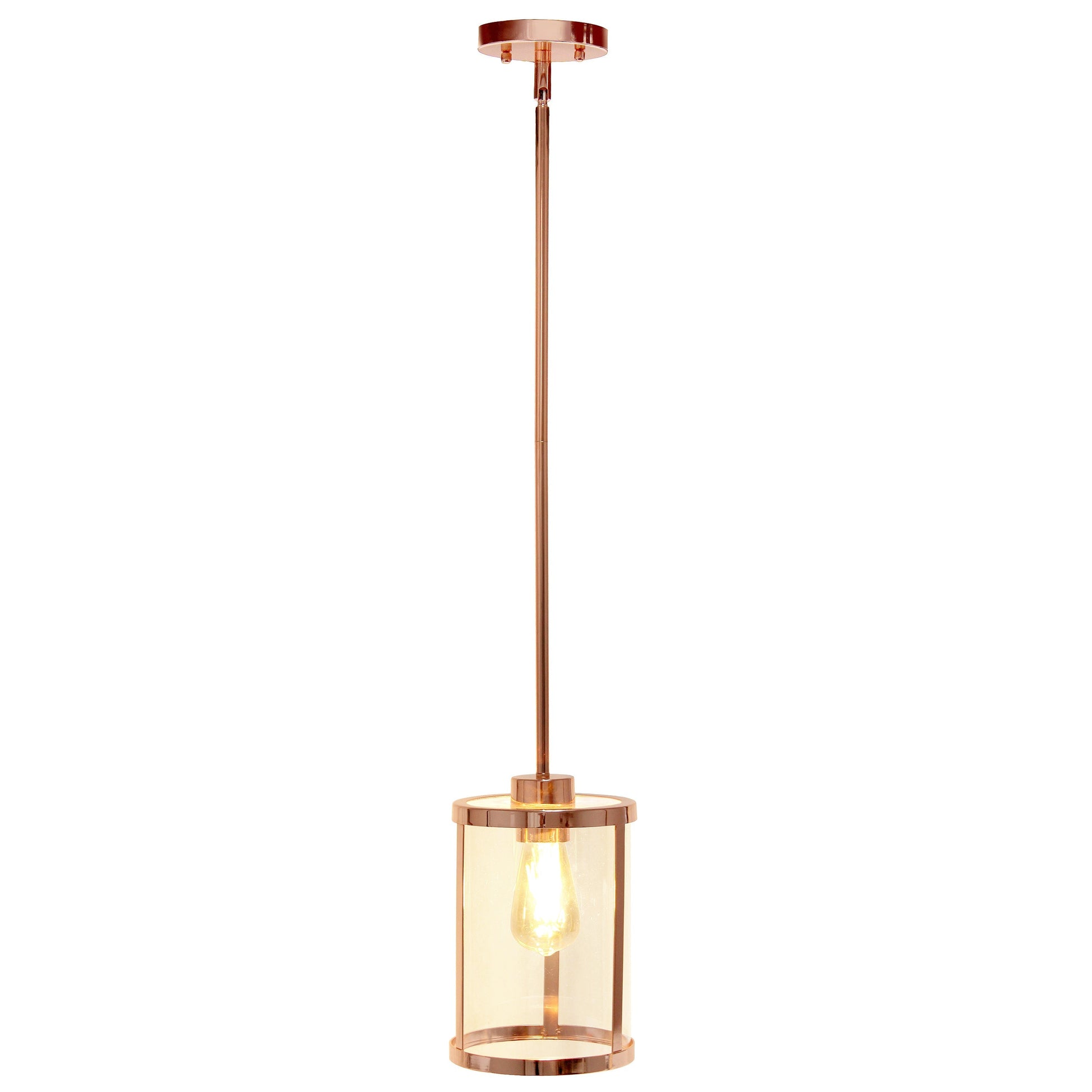 All The Rages Lalia Home 9" Rose Gold Farmhouse Adjustable Hanging Cylindrical Clear Glass Pendant With Metal Accents
