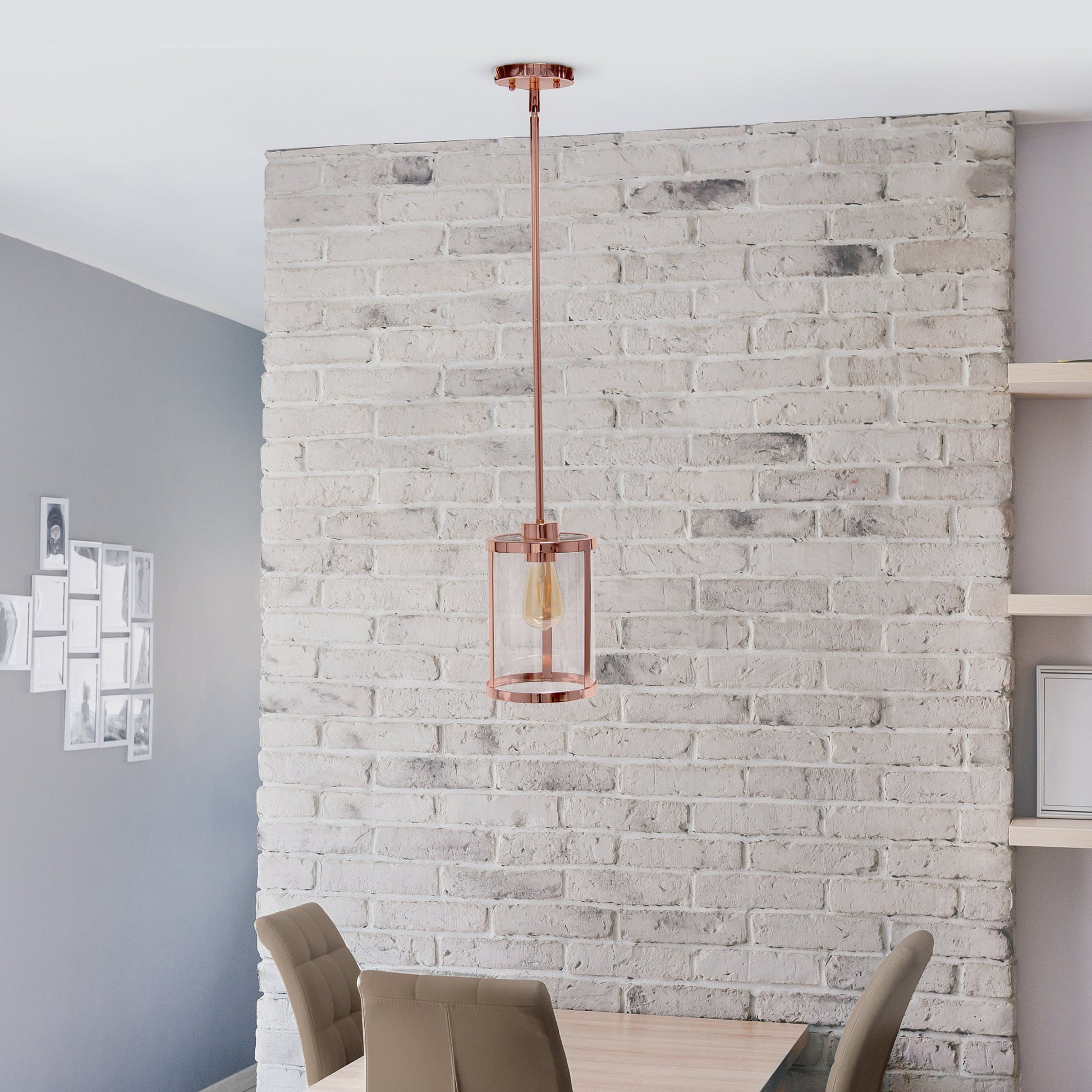 All The Rages Lalia Home 9" Rose Gold Farmhouse Adjustable Hanging Cylindrical Clear Glass Pendant With Metal Accents