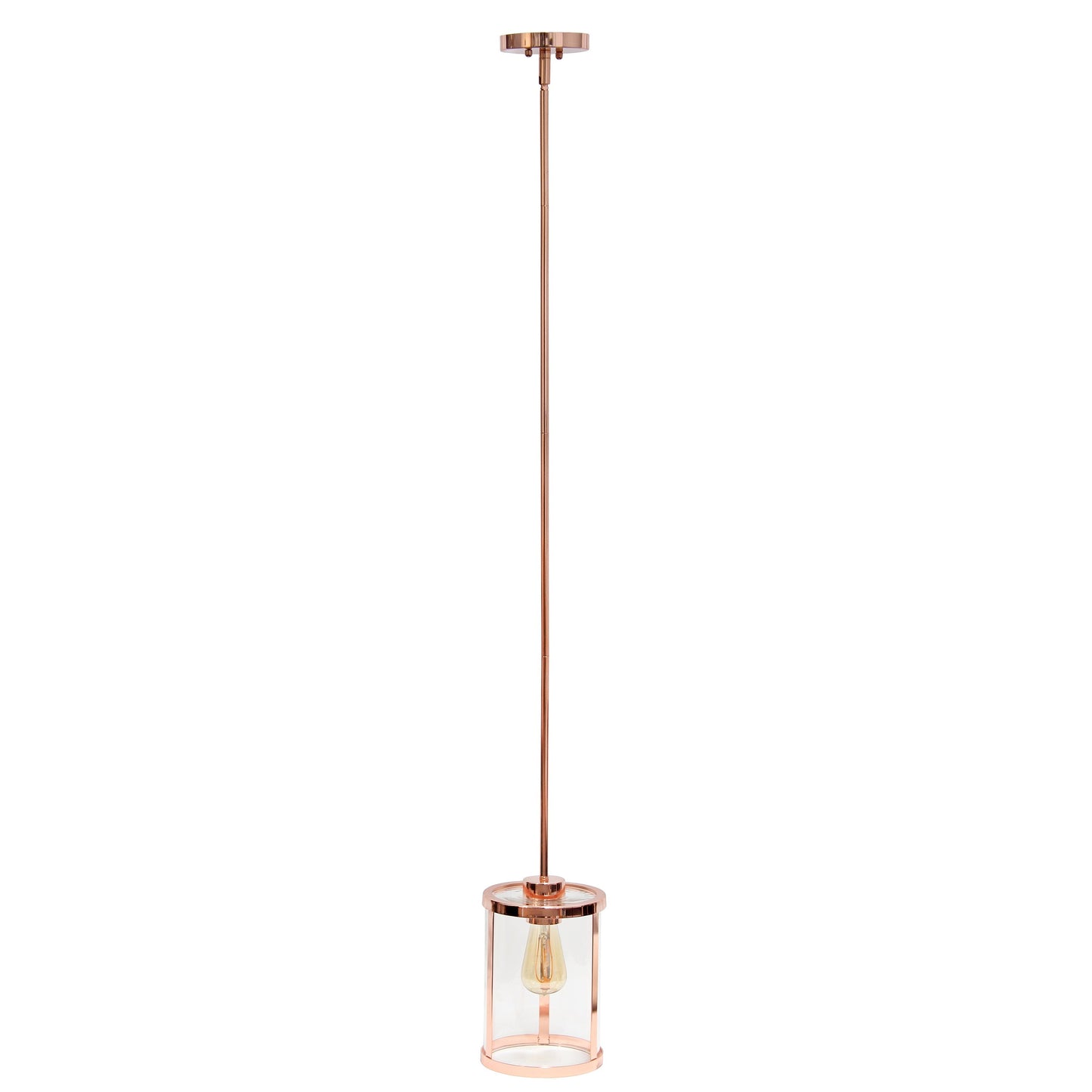 All The Rages Lalia Home 9" Rose Gold Farmhouse Adjustable Hanging Cylindrical Clear Glass Pendant With Metal Accents