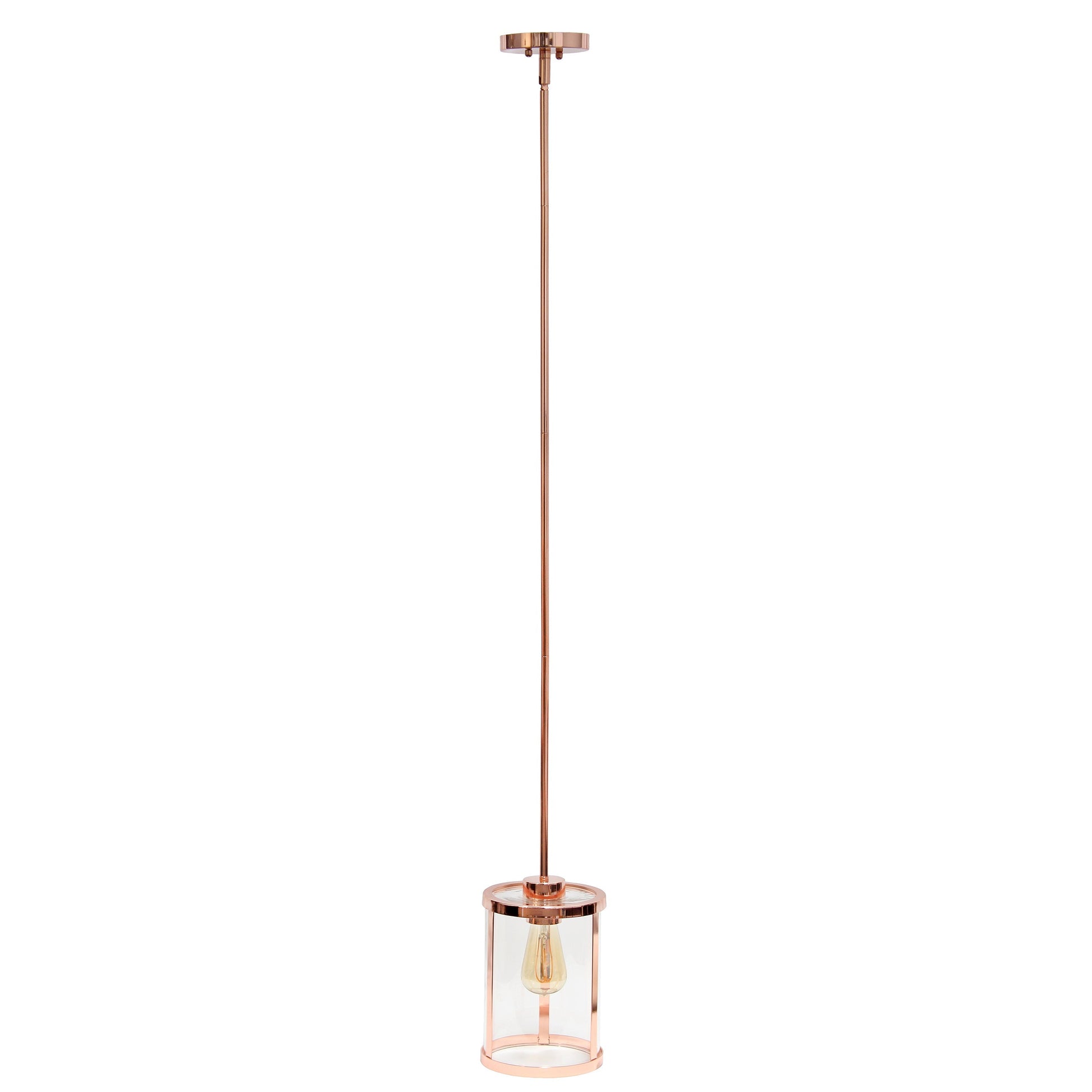 All The Rages Lalia Home 9" Rose Gold Farmhouse Adjustable Hanging Cylindrical Clear Glass Pendant With Metal Accents