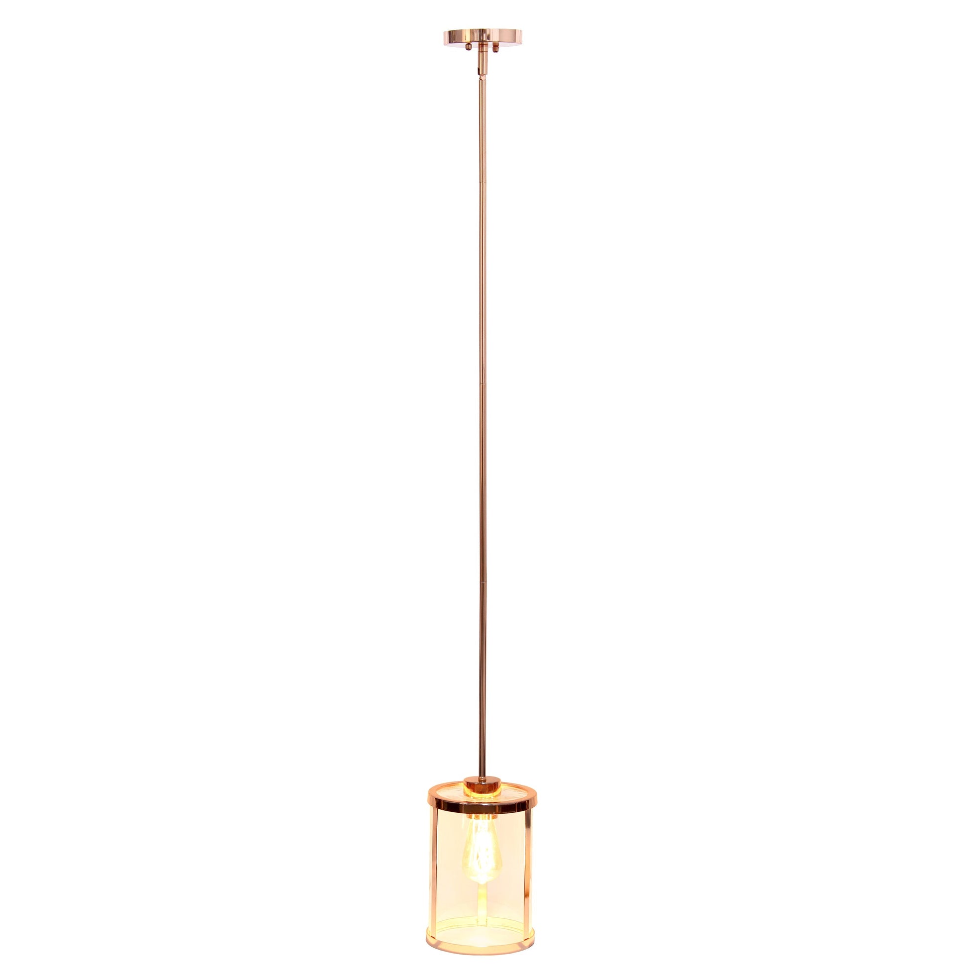 All The Rages Lalia Home 9" Rose Gold Farmhouse Adjustable Hanging Cylindrical Clear Glass Pendant With Metal Accents