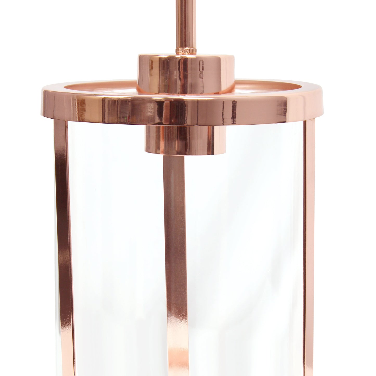 All The Rages Lalia Home 9" Rose Gold Farmhouse Adjustable Hanging Cylindrical Clear Glass Pendant With Metal Accents