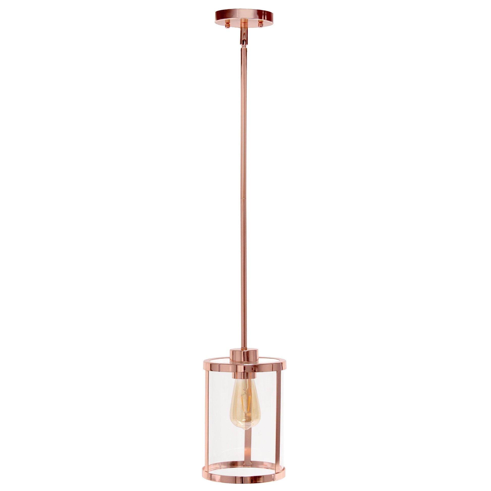 All The Rages Lalia Home 9" Rose Gold Farmhouse Adjustable Hanging Cylindrical Clear Glass Pendant With Metal Accents