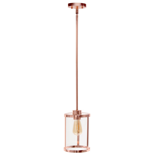 All The Rages Lalia Home 9" Rose Gold Farmhouse Adjustable Hanging Cylindrical Clear Glass Pendant With Metal Accents