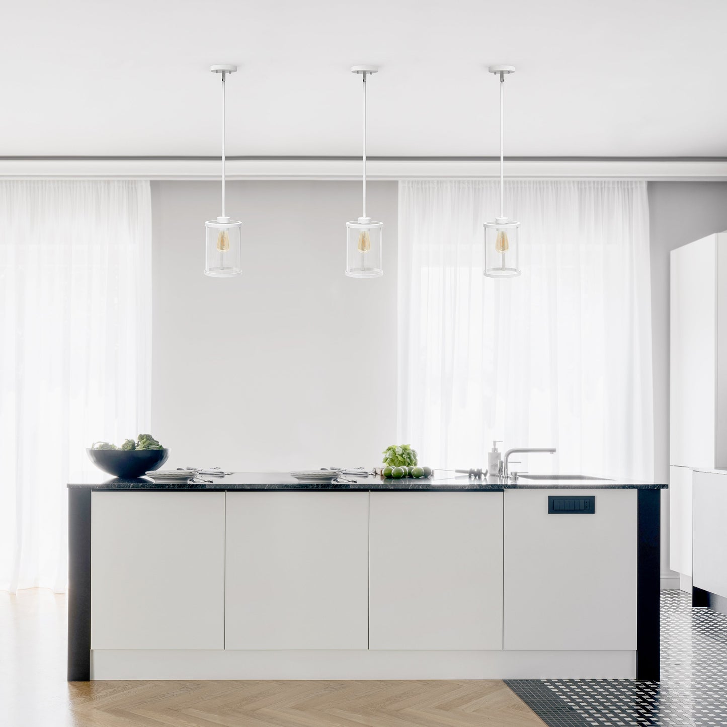 All The Rages Lalia Home 9" White Farmhouse Adjustable Hanging Cylindrical Clear Glass Pendant With Metal Accents