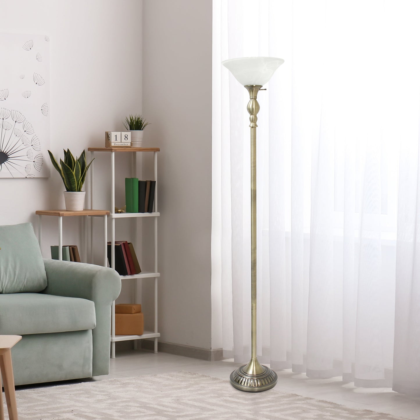 All The Rages Lalia Home Antique Brass 1-Light Classic Torchiere Floor Lamp With Marbleized Glass Shade