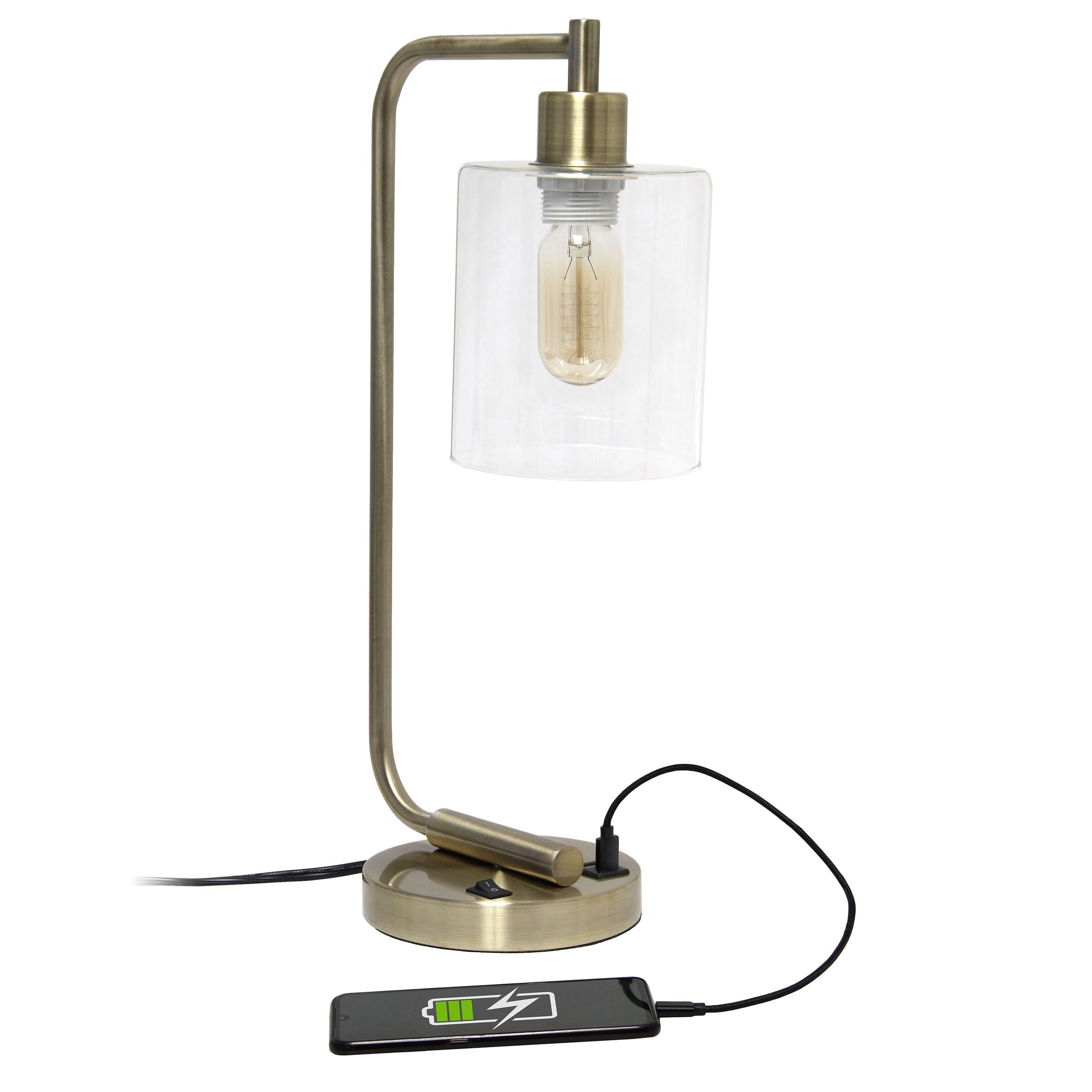 All The Rages Lalia Home Antique Brass Iron Table Lamp With USB Port & Glass Shade