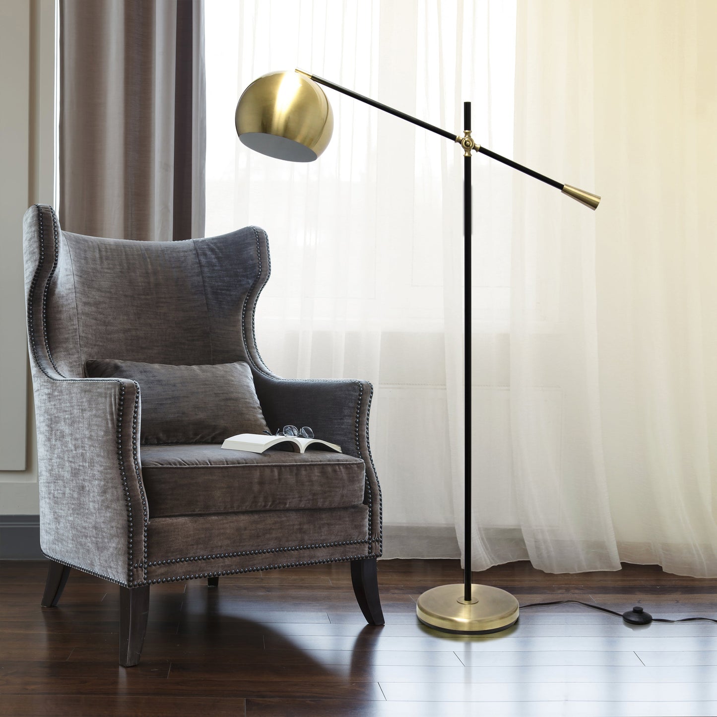 All The Rages Lalia Home Antique Brass & Matte Black Swivel Floor Lamp With Inner White Dome Shade