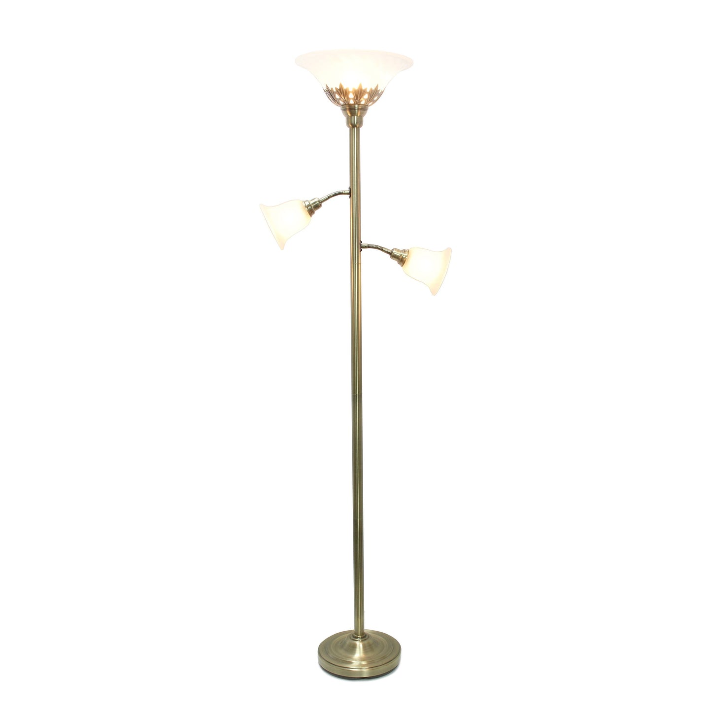 All The Rages Lalia Home Antique Brass Torchiere Floor Lamp With 2 Reading Lights & Scalloped Glass Shades