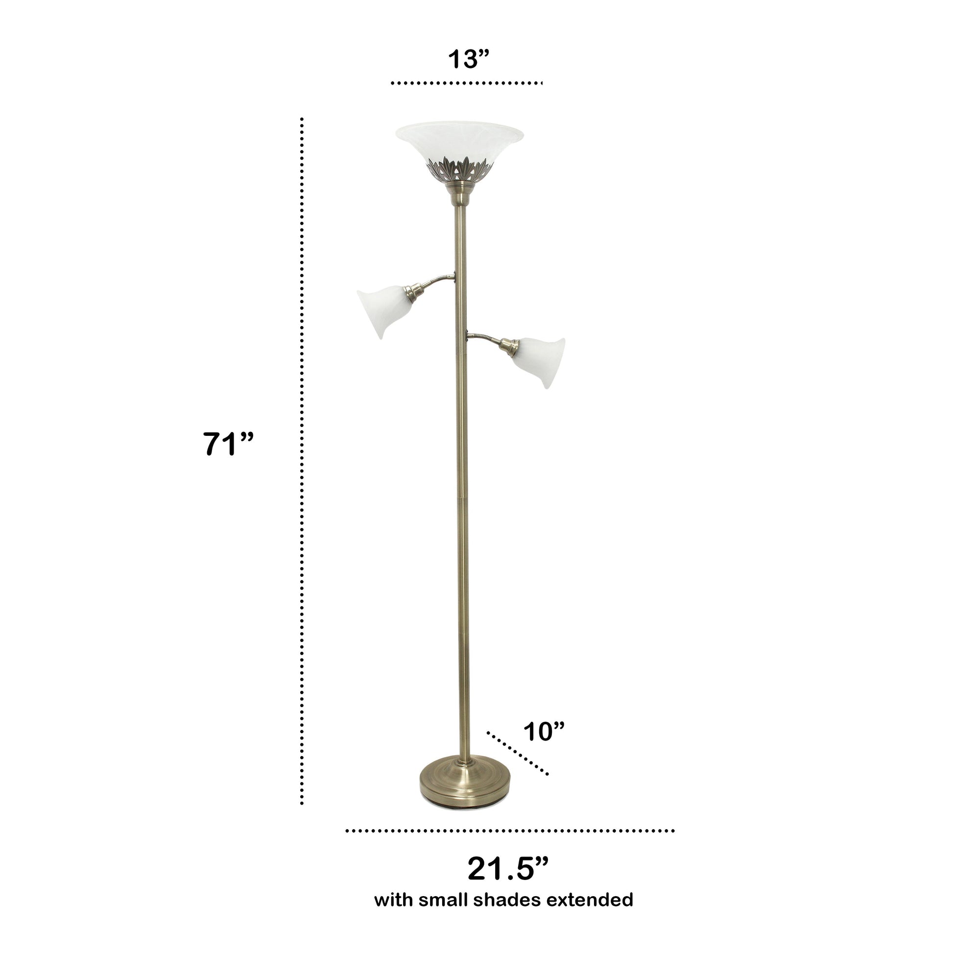 All The Rages Lalia Home Antique Brass Torchiere Floor Lamp With 2 Reading Lights & Scalloped Glass Shades