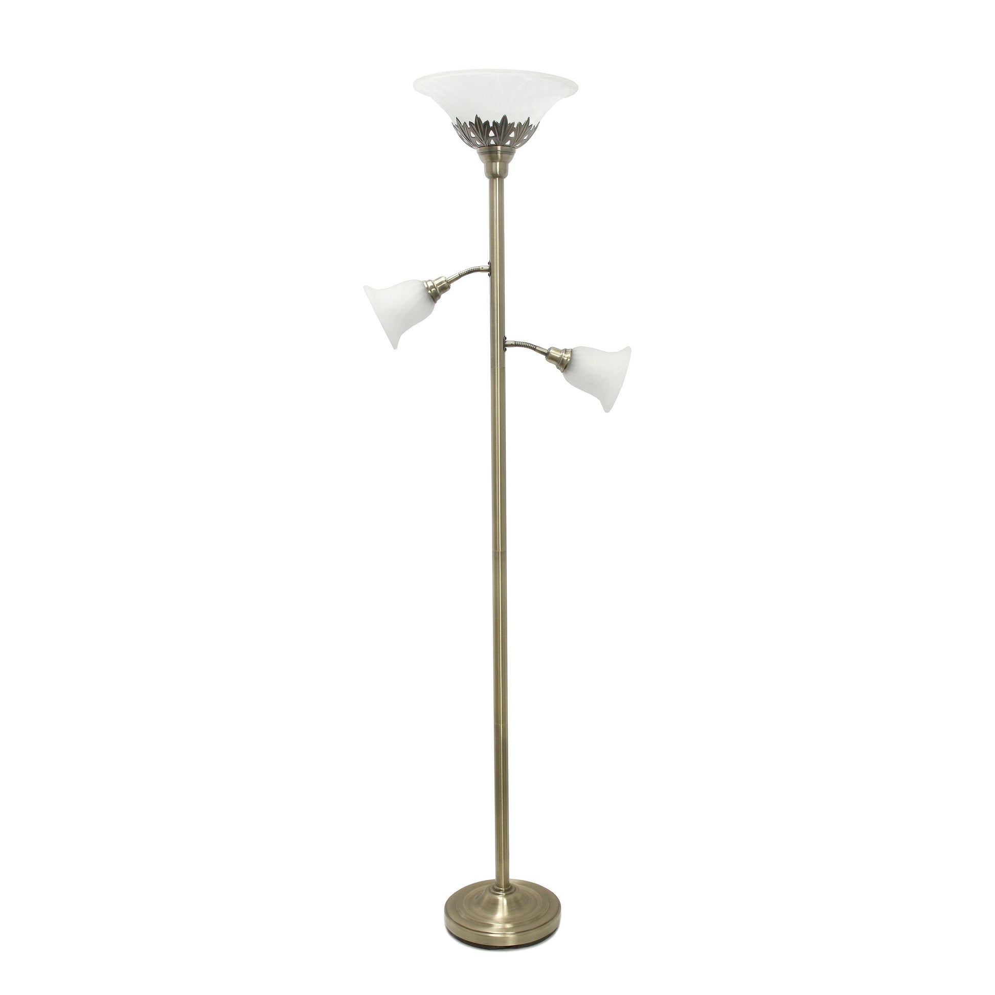 All The Rages Lalia Home Antique Brass Torchiere Floor Lamp With 2 Reading Lights & Scalloped Glass Shades