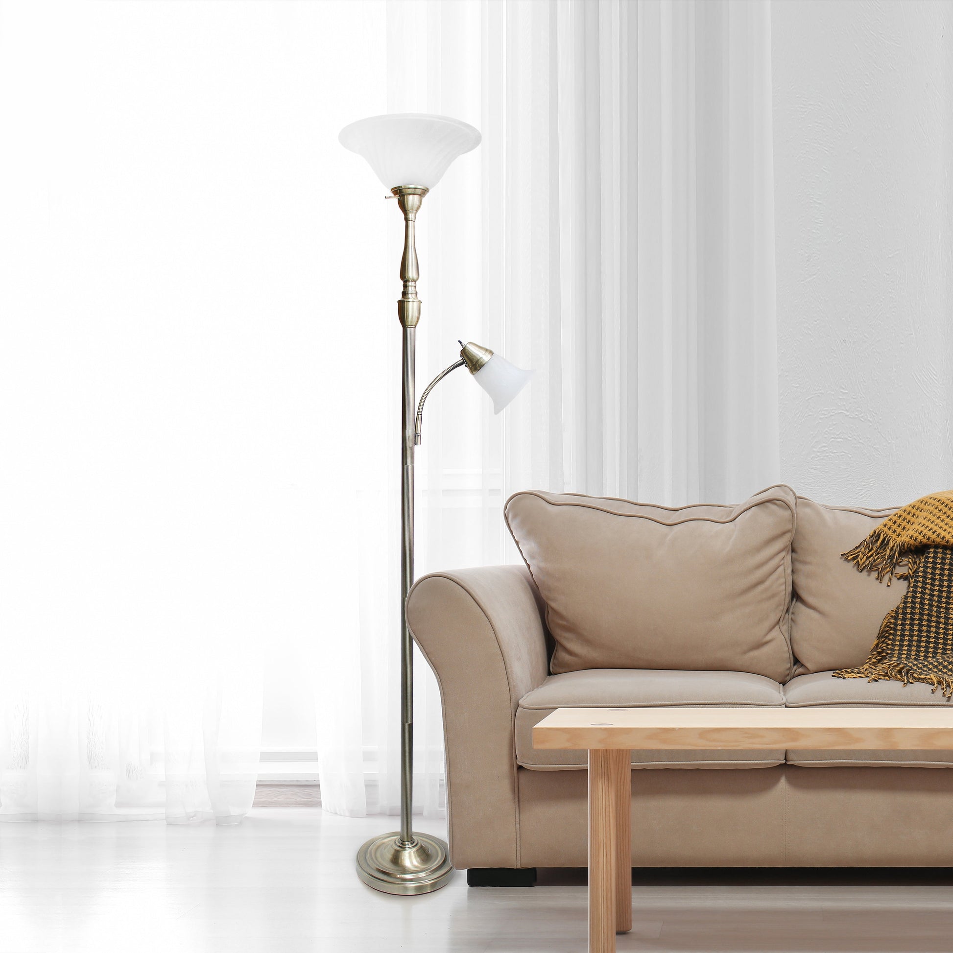 All The Rages Lalia Home Antique Brass Torchiere Floor Lamp With Reading Light & Marble Glass Shades