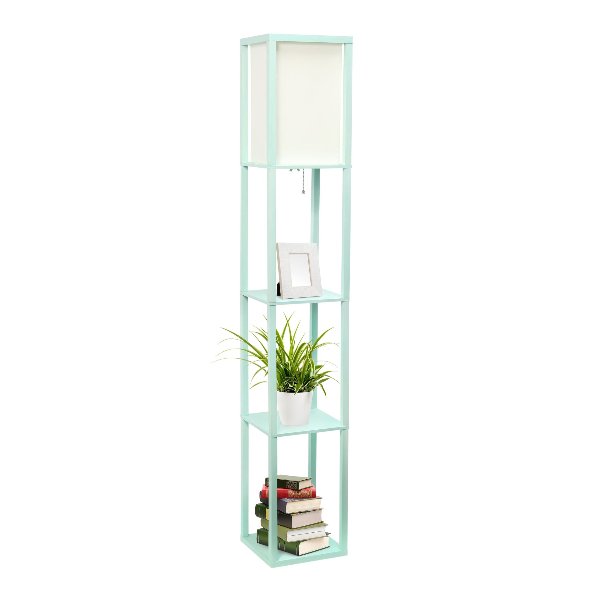 All The Rages Lalia Home Aqua Column Shelf Floor Lamp With A Linen Shade