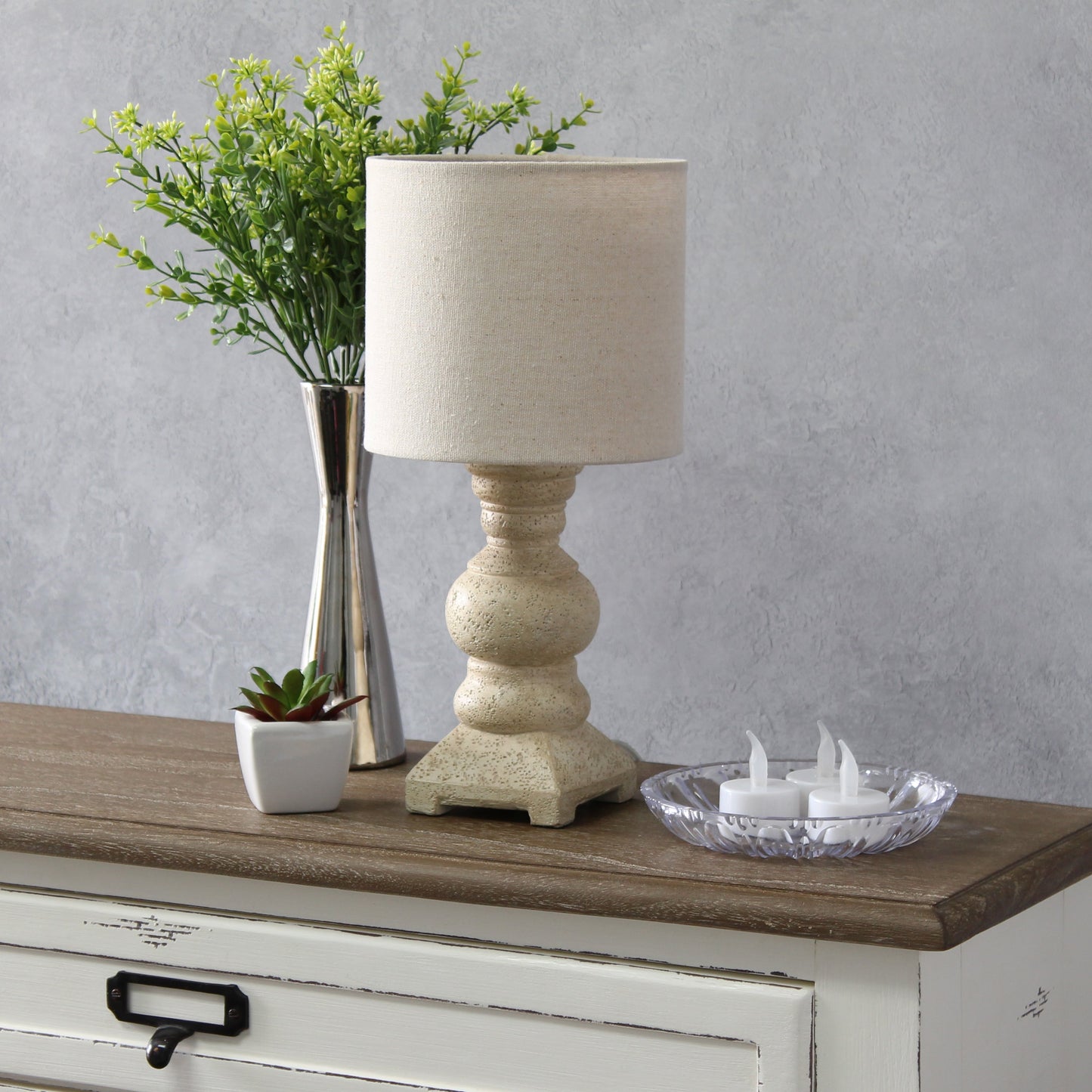 All The Rages Lalia Home Beige 13" Organix Rustic Farmhouse Distressed Neutral Resin Base Mini Table Desk Lamp With Beige Fabric Shade