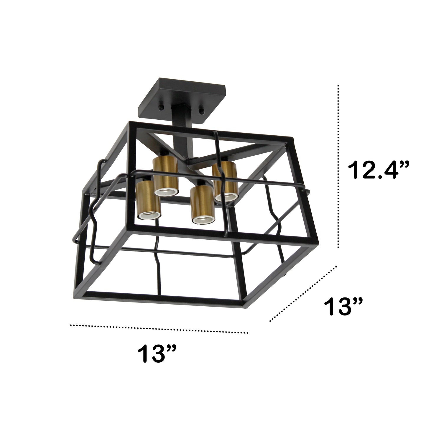 All The Rages Lalia Home Black 13" Ironhouse 4-Light Squared Metal Semi Flush Mount With Exposed Lights