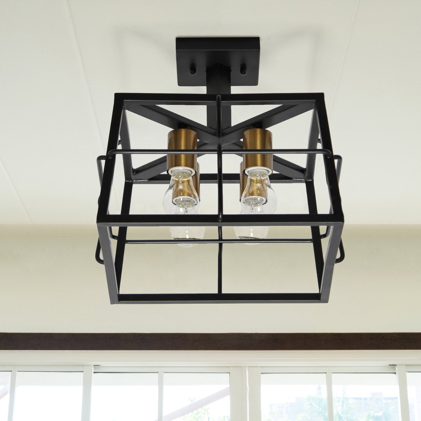 All The Rages Lalia Home Black 13" Ironhouse 4-Light Squared Metal Semi Flush Mount With Exposed Lights