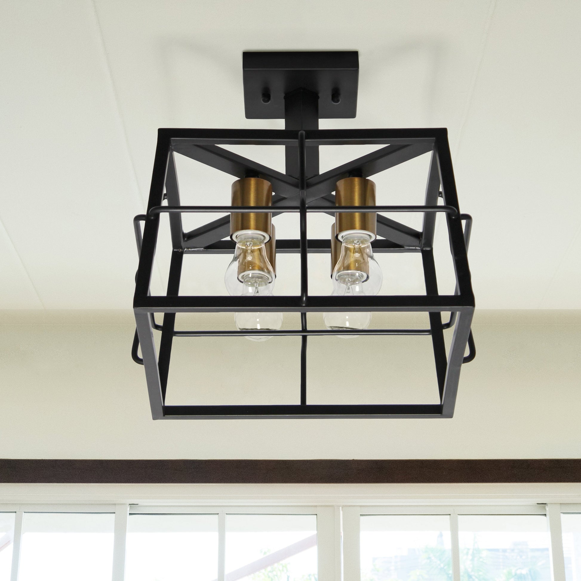 All The Rages Lalia Home Black 13" Ironhouse 4-Light Squared Metal Semi Flush Mount With Exposed Lights