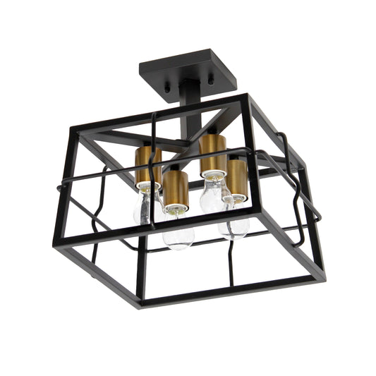 All The Rages Lalia Home Black 13" Ironhouse 4-Light Squared Metal Semi Flush Mount With Exposed Lights