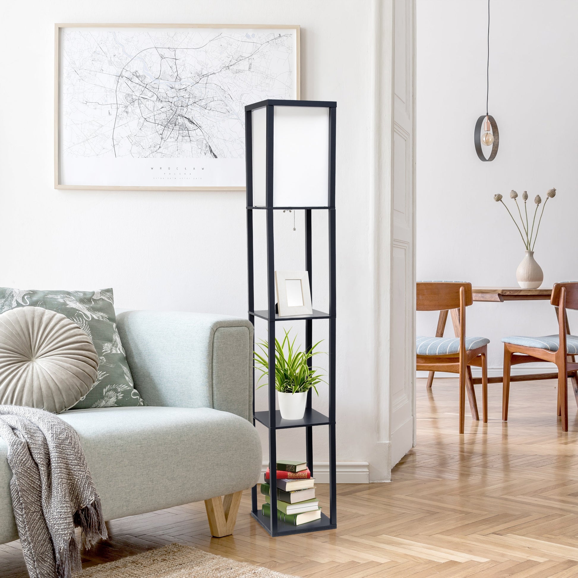 All The Rages Lalia Home Black Column Shelf Floor Lamp With A Linen Shade