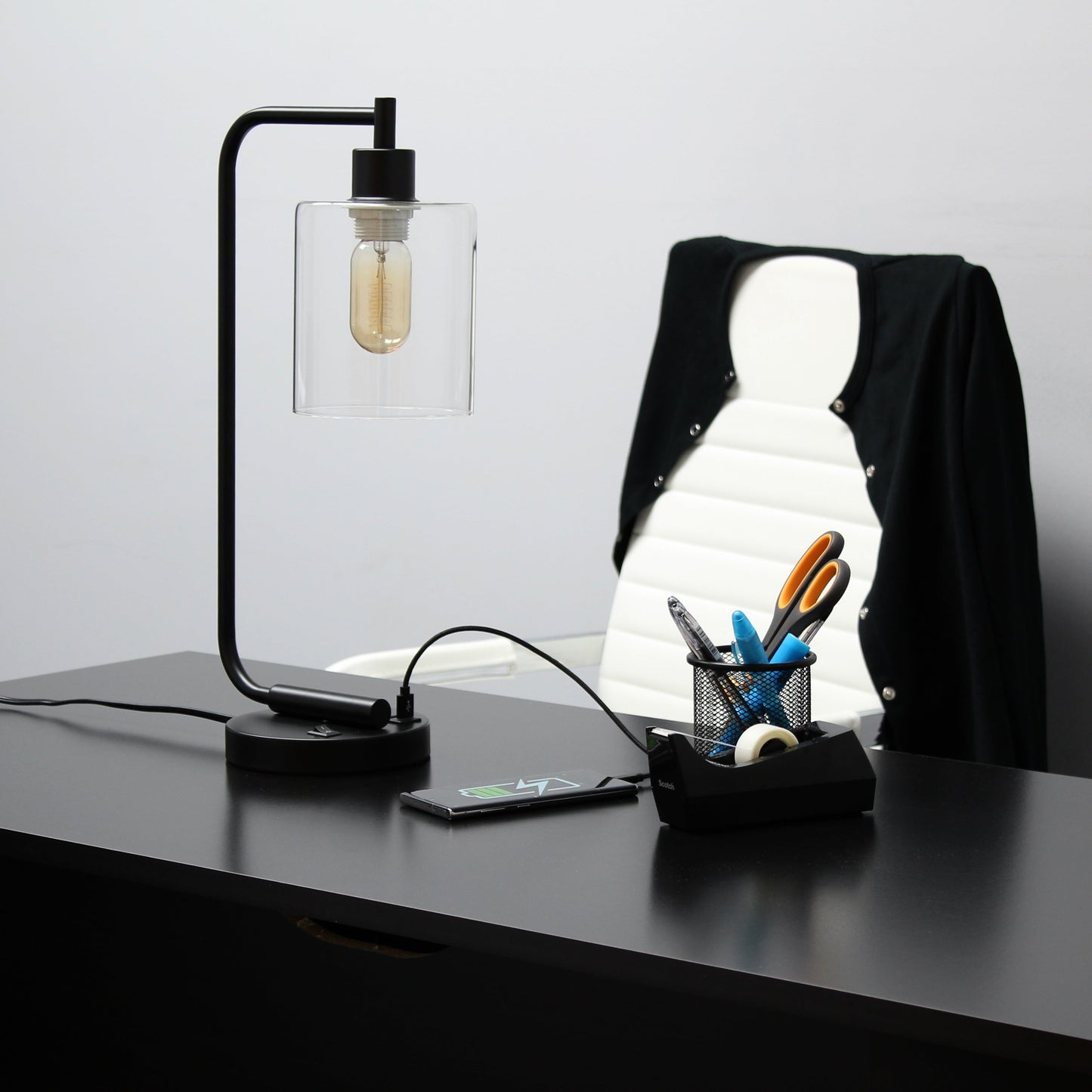 All The Rages Lalia Home Black Iron Table Lamp With USB Port & Glass Shade