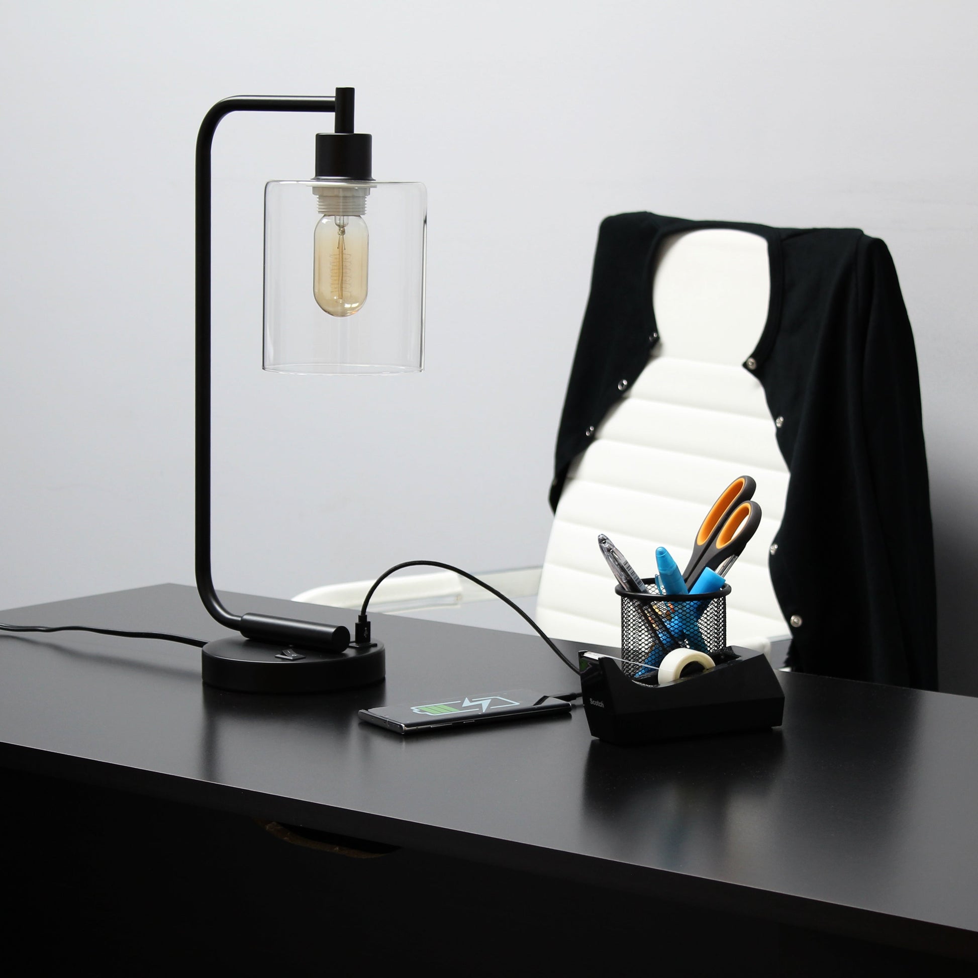 All The Rages Lalia Home Black Iron Table Lamp With USB Port & Glass Shade