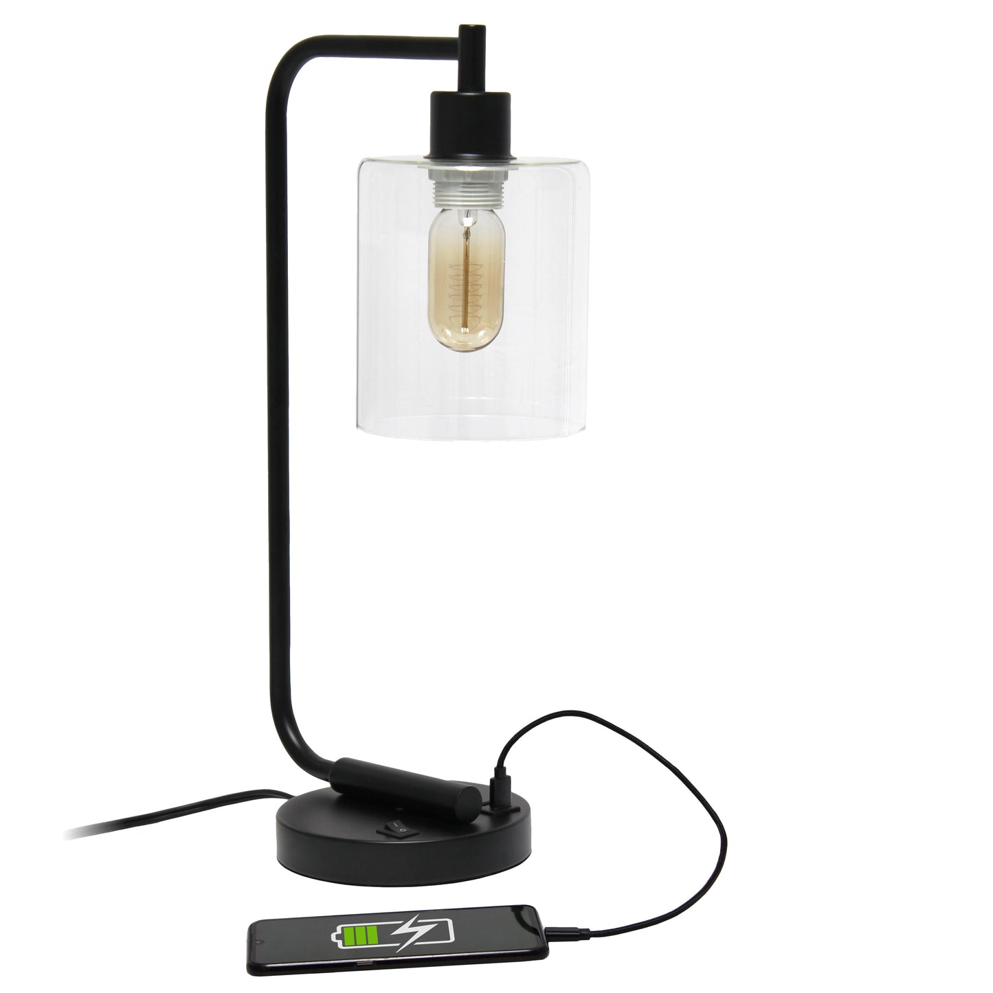 All The Rages Lalia Home Black Iron Table Lamp With USB Port & Glass Shade