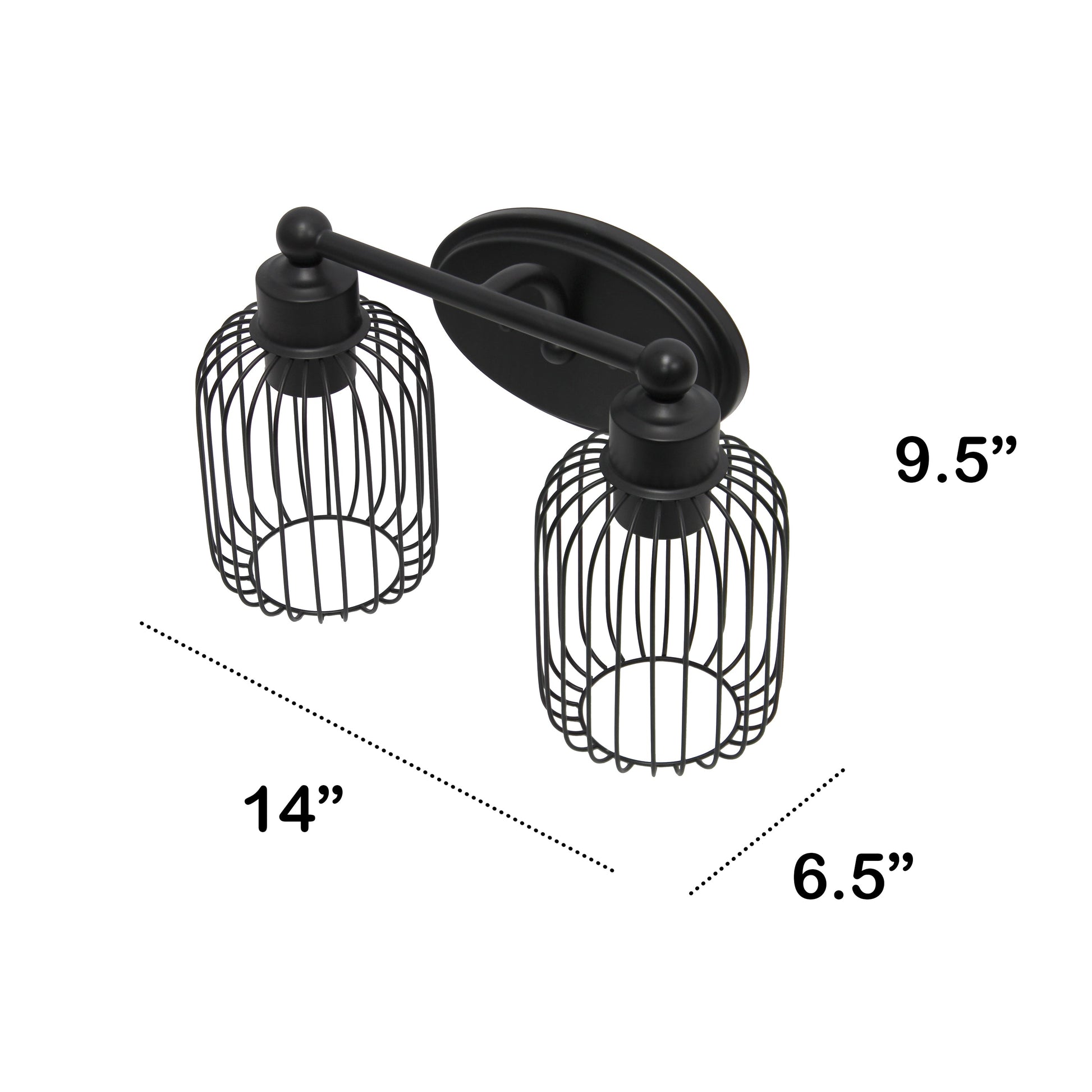 All The Rages Lalia Home Black Ironhouse 2-Light Vanity Light With Industrial Decorative Cage Shades