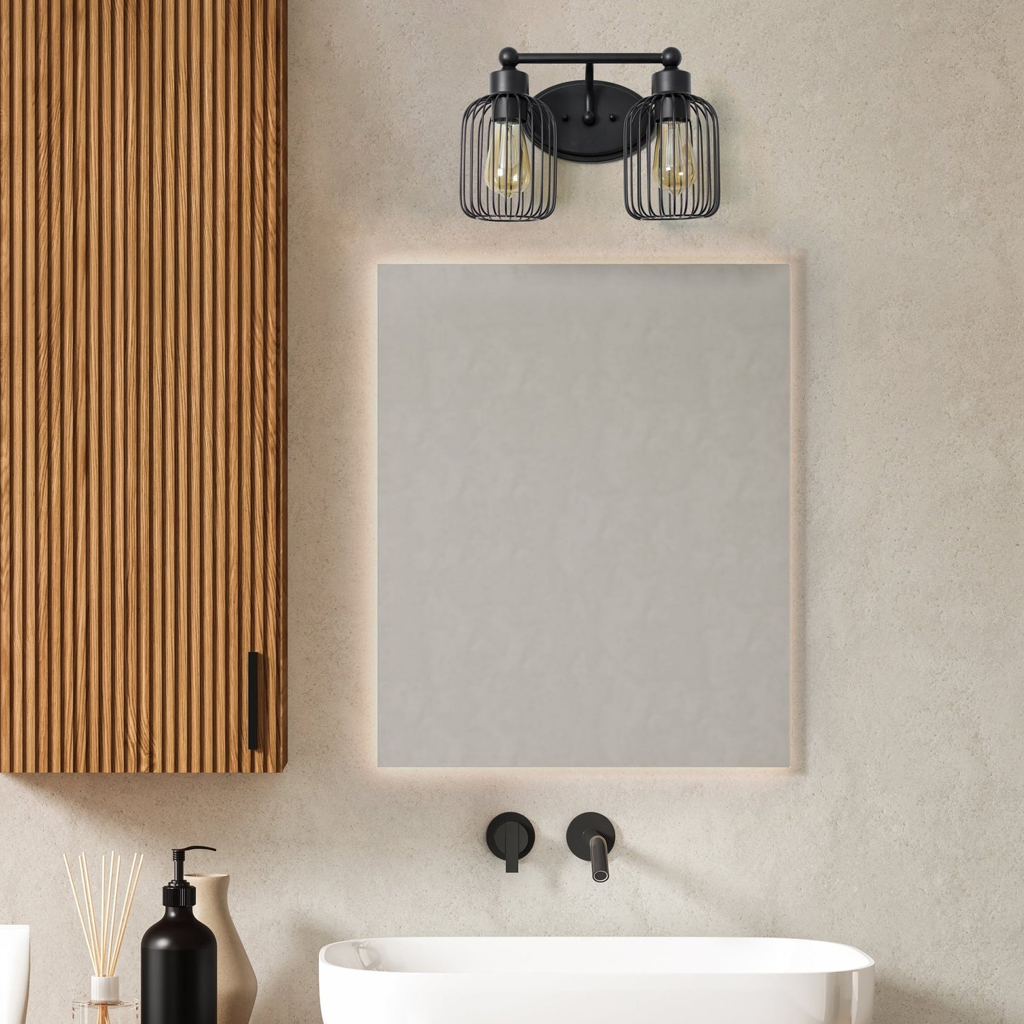 All The Rages Lalia Home Black Ironhouse 2-Light Vanity Light With Industrial Decorative Cage Shades