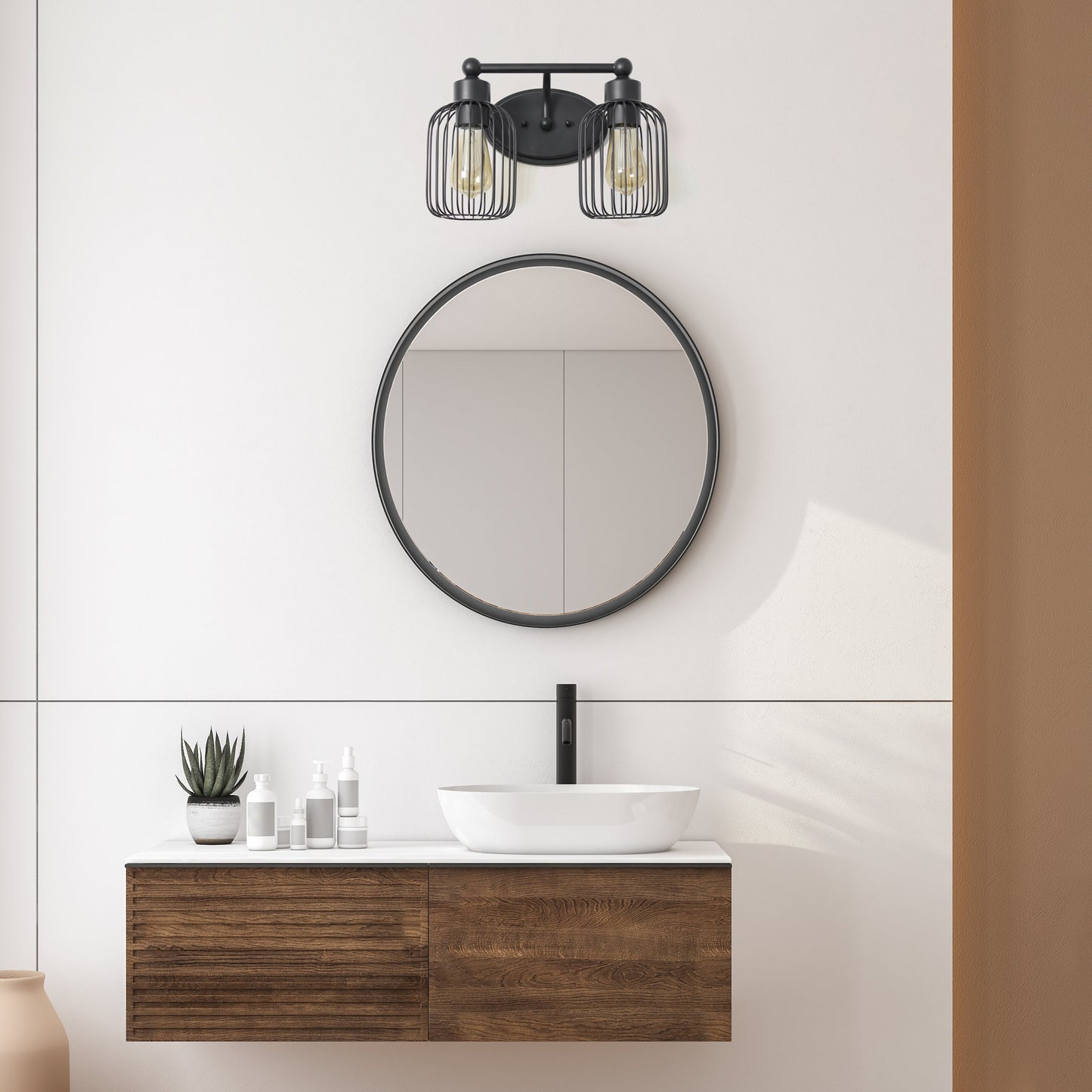 All The Rages Lalia Home Black Ironhouse 2-Light Vanity Light With Industrial Decorative Cage Shades