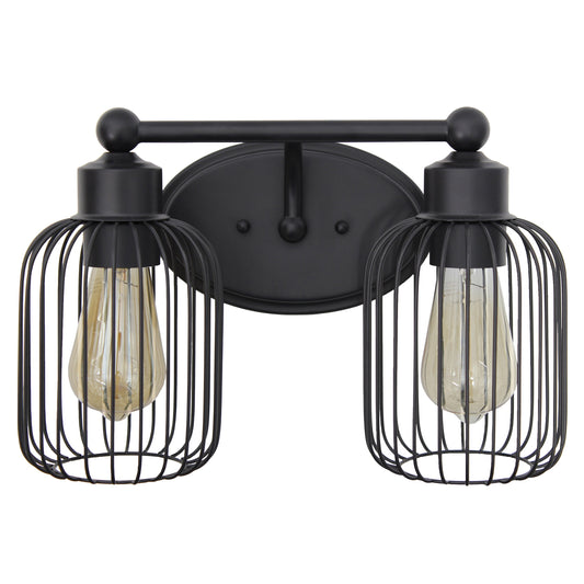 All The Rages Lalia Home Black Ironhouse 2-Light Vanity Light With Industrial Decorative Cage Shades