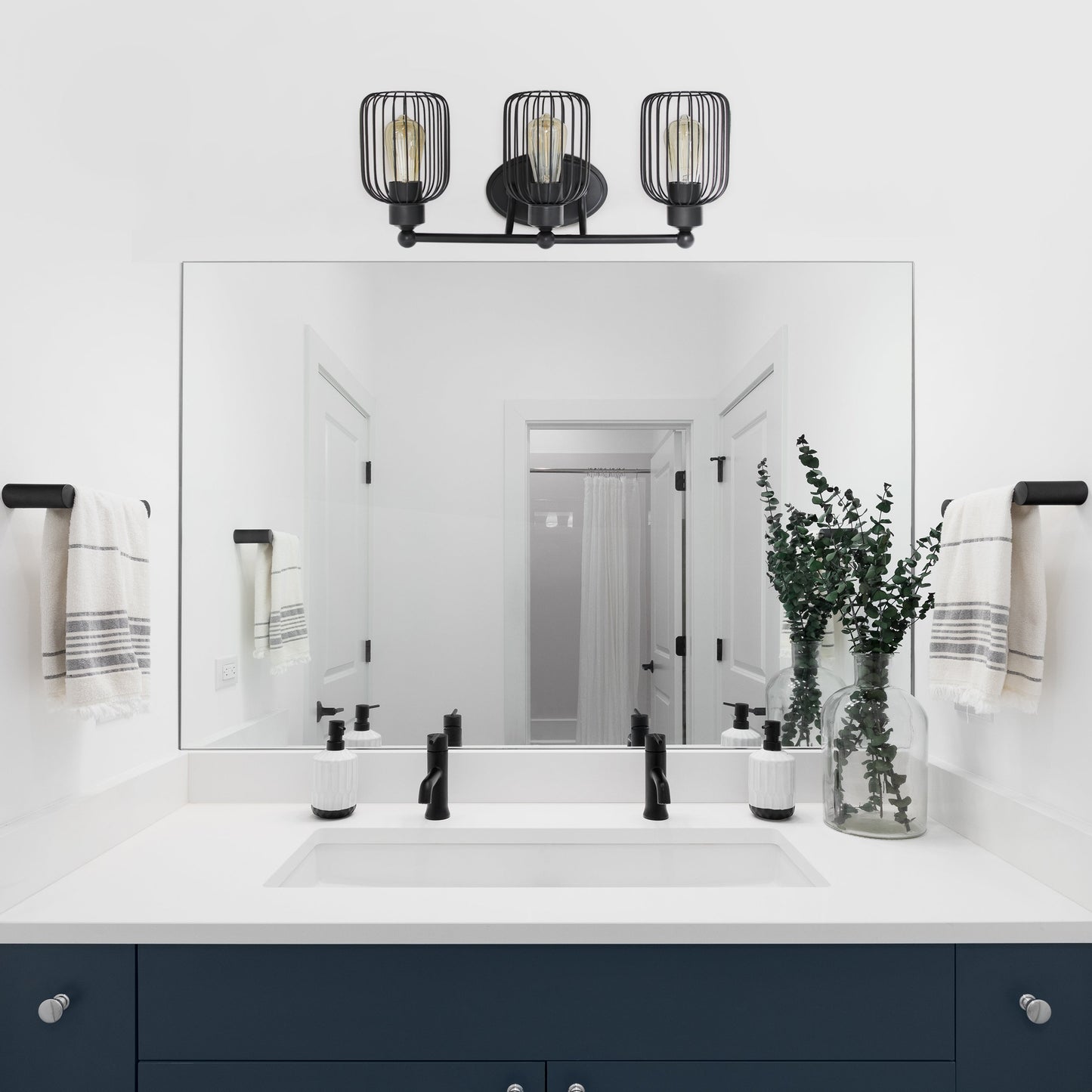All The Rages Lalia Home Black Ironhouse 3-Light Vanity Light With Industrial Decorative Cage Shades