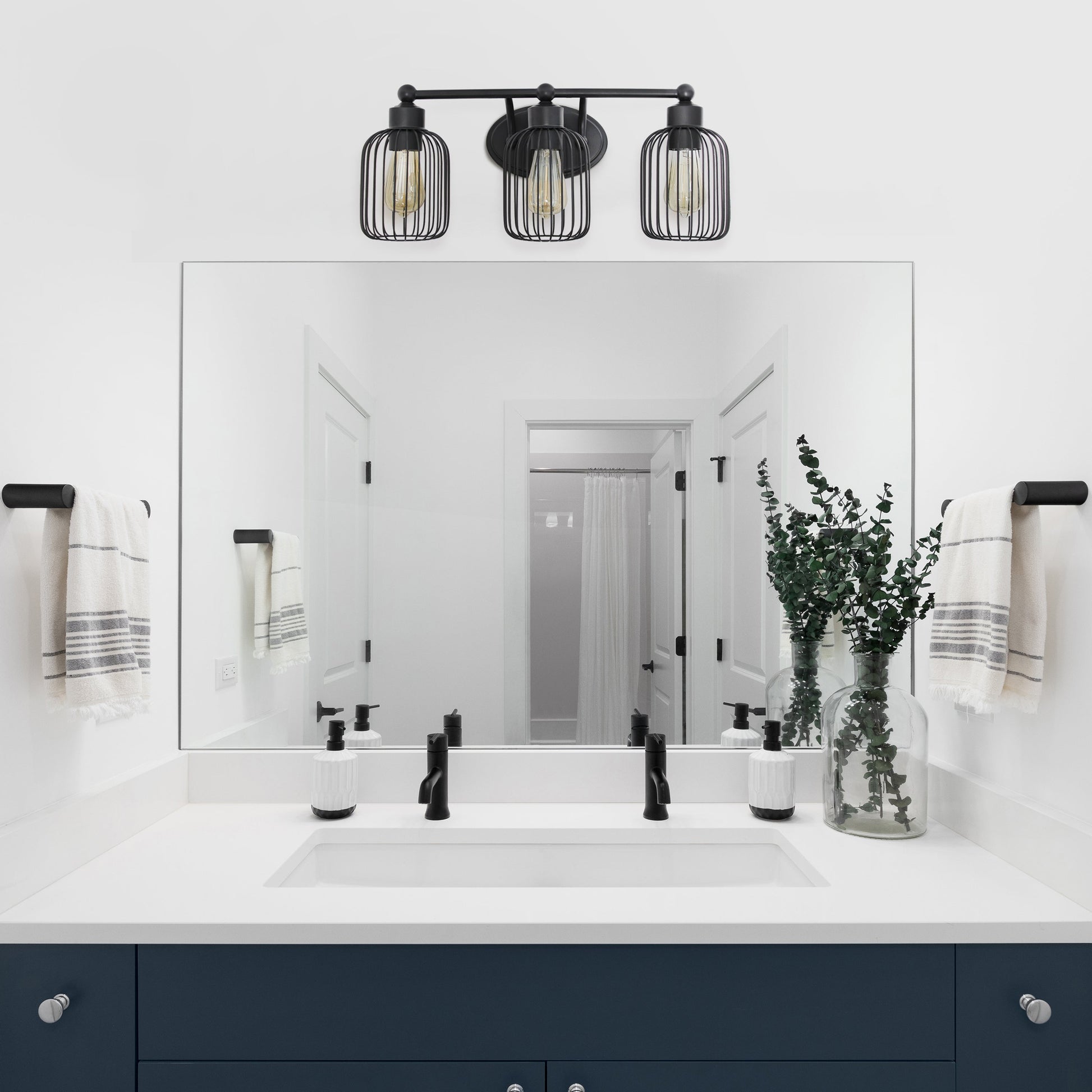 All The Rages Lalia Home Black Ironhouse 3-Light Vanity Light With Industrial Decorative Cage Shades