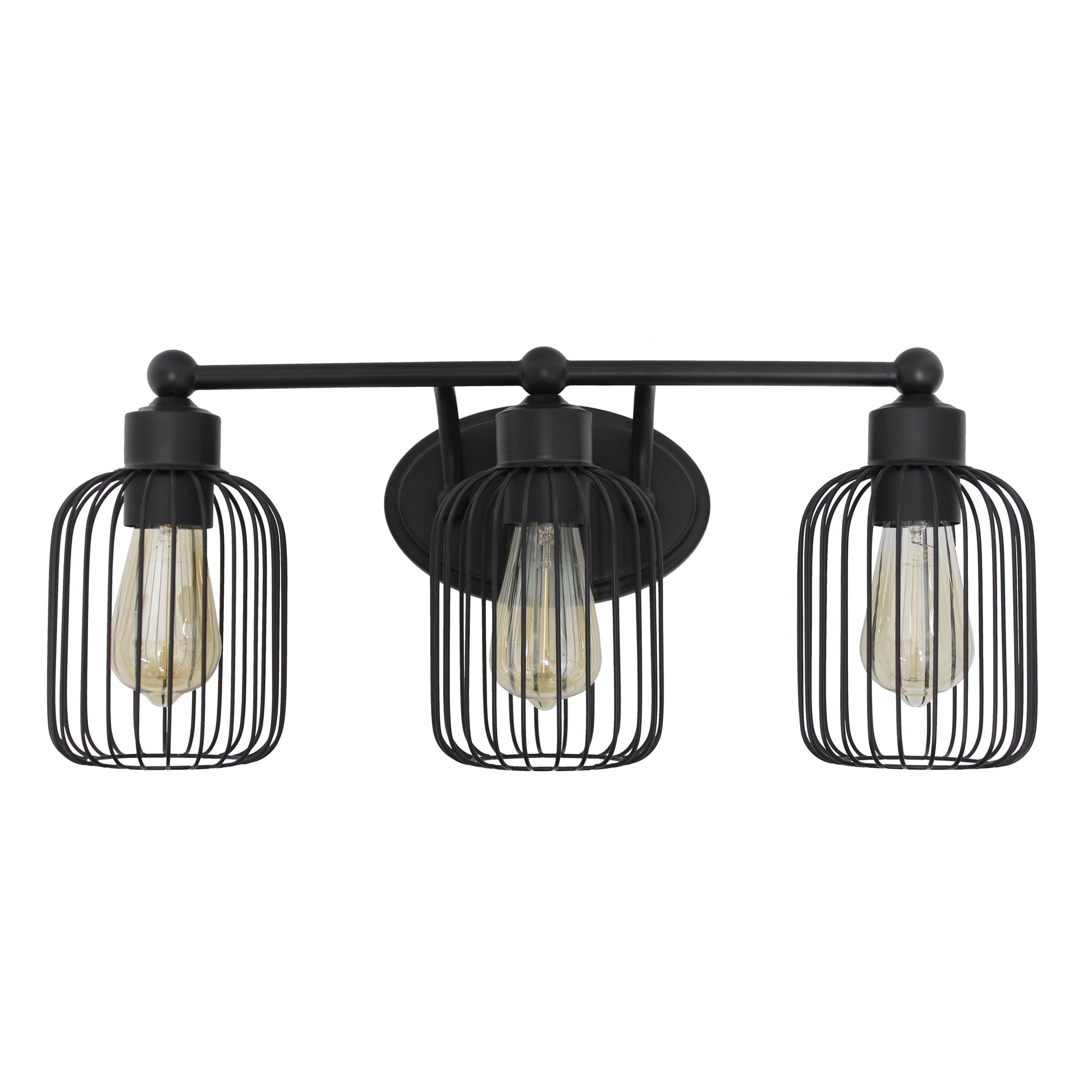 All The Rages Lalia Home Black Ironhouse 3-Light Vanity Light With Industrial Decorative Cage Shades