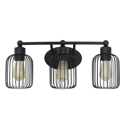 All The Rages Lalia Home Black Ironhouse 3-Light Vanity Light With Industrial Decorative Cage Shades